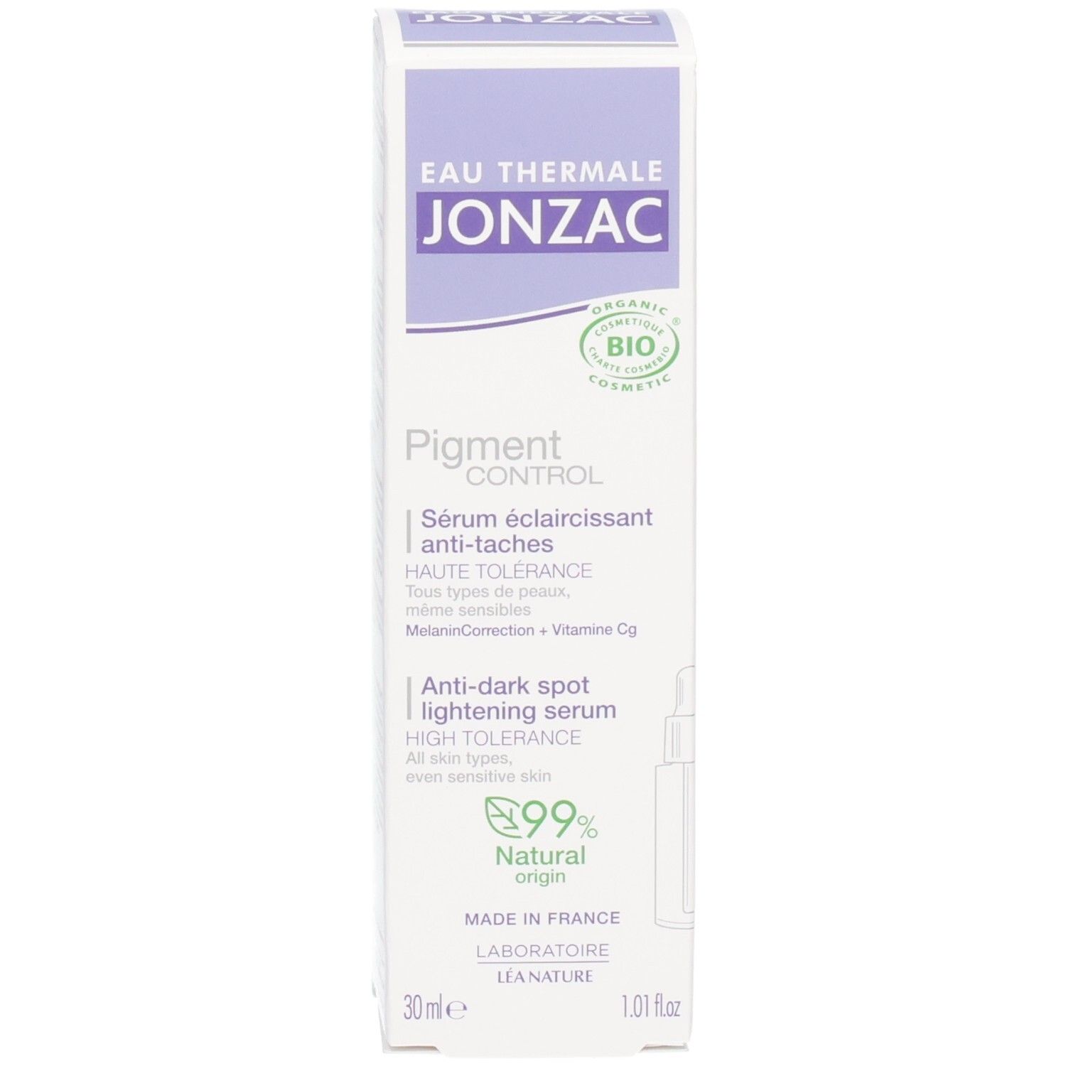 Produktverpackung. Aufschrift: JONZAC, Pigment Control Serum. Bio-Logo. 30ml. Pipette.