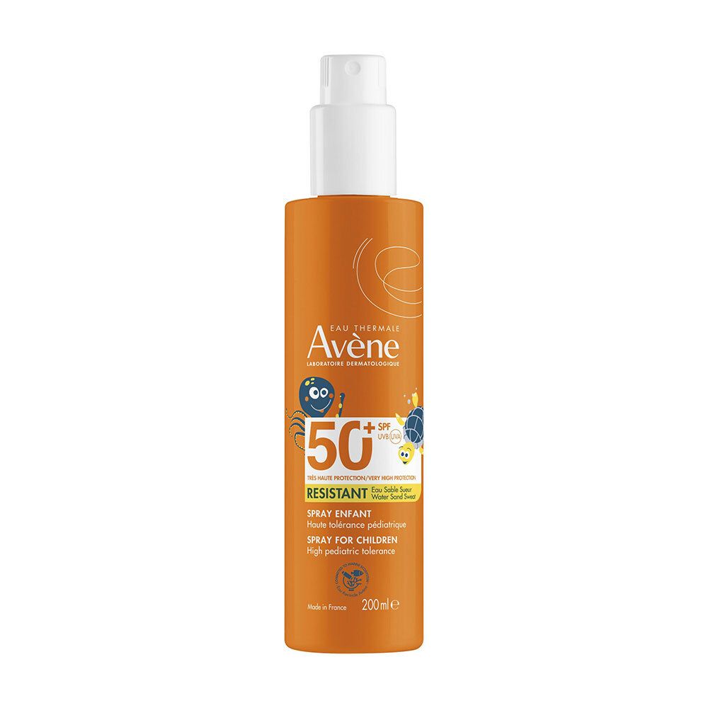 Flacon spray orange avec tête blanche. Texte : Avene, SPF 50+, Spray Enfants. Illustrations.