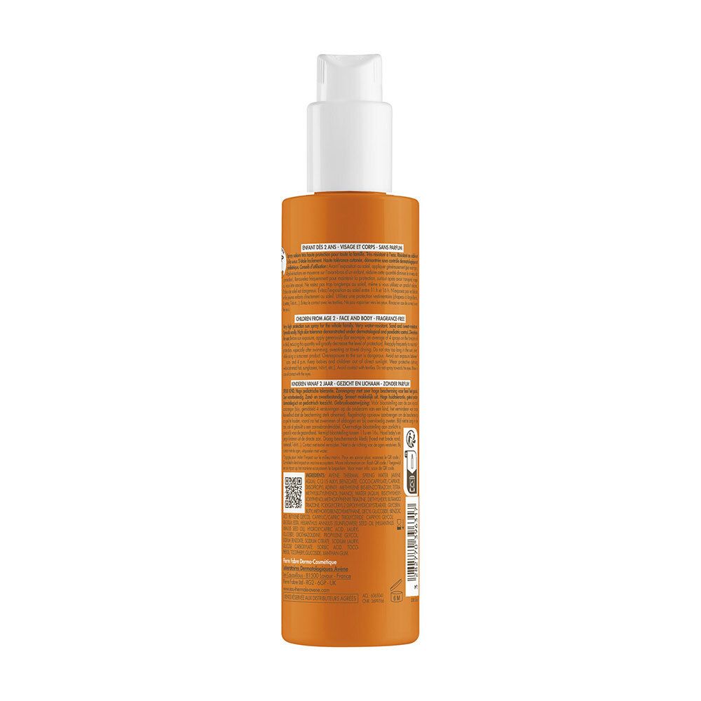 Dos du flacon spray orange. Texte et code QR. Informations en plusieurs langues.