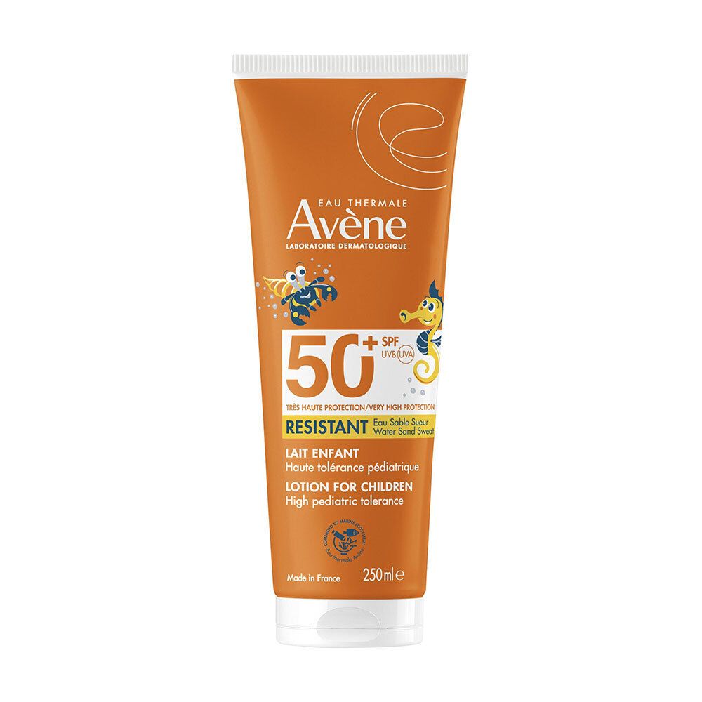 Tube orange AVENE Lait Enfants SPF 50+. Informations produit, illustrations enfantines, et mentions.