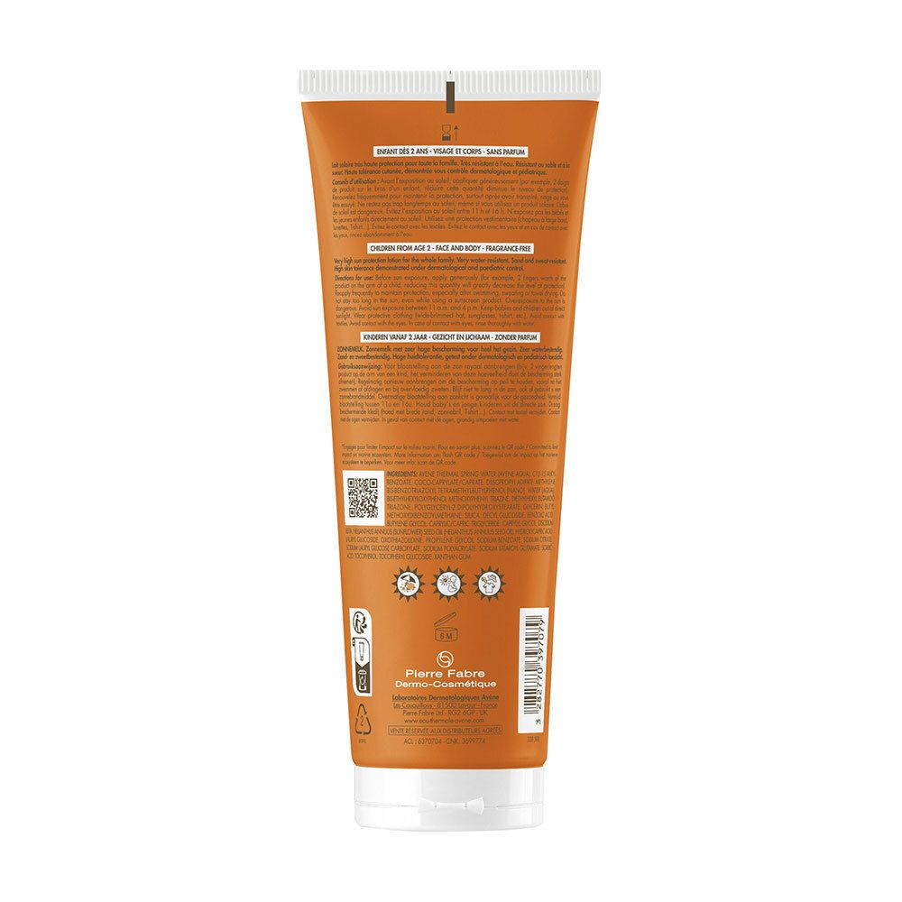 Dos du tube AVENE Lait Enfants SPF 50+. Texte, QR code, logos et informations fabricant.