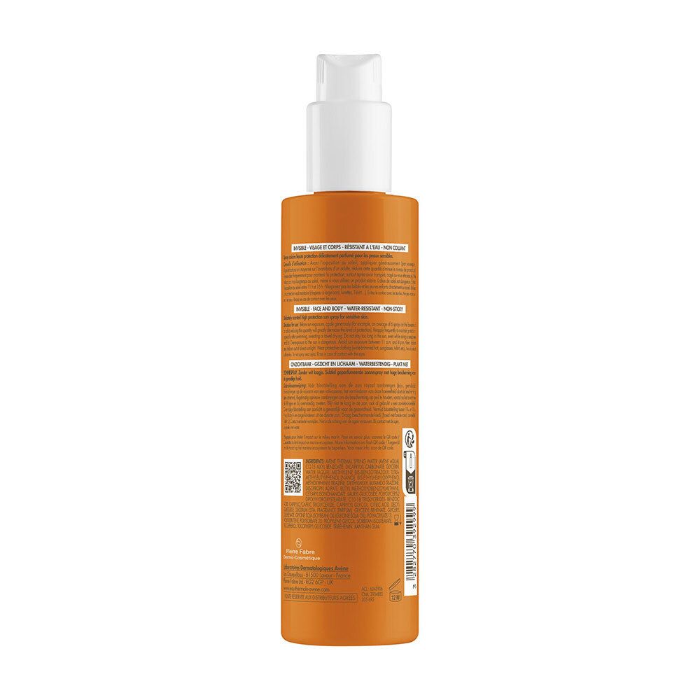 Dos du flacon spray orange. Texte multilingue. Code QR et symbole de recyclage.