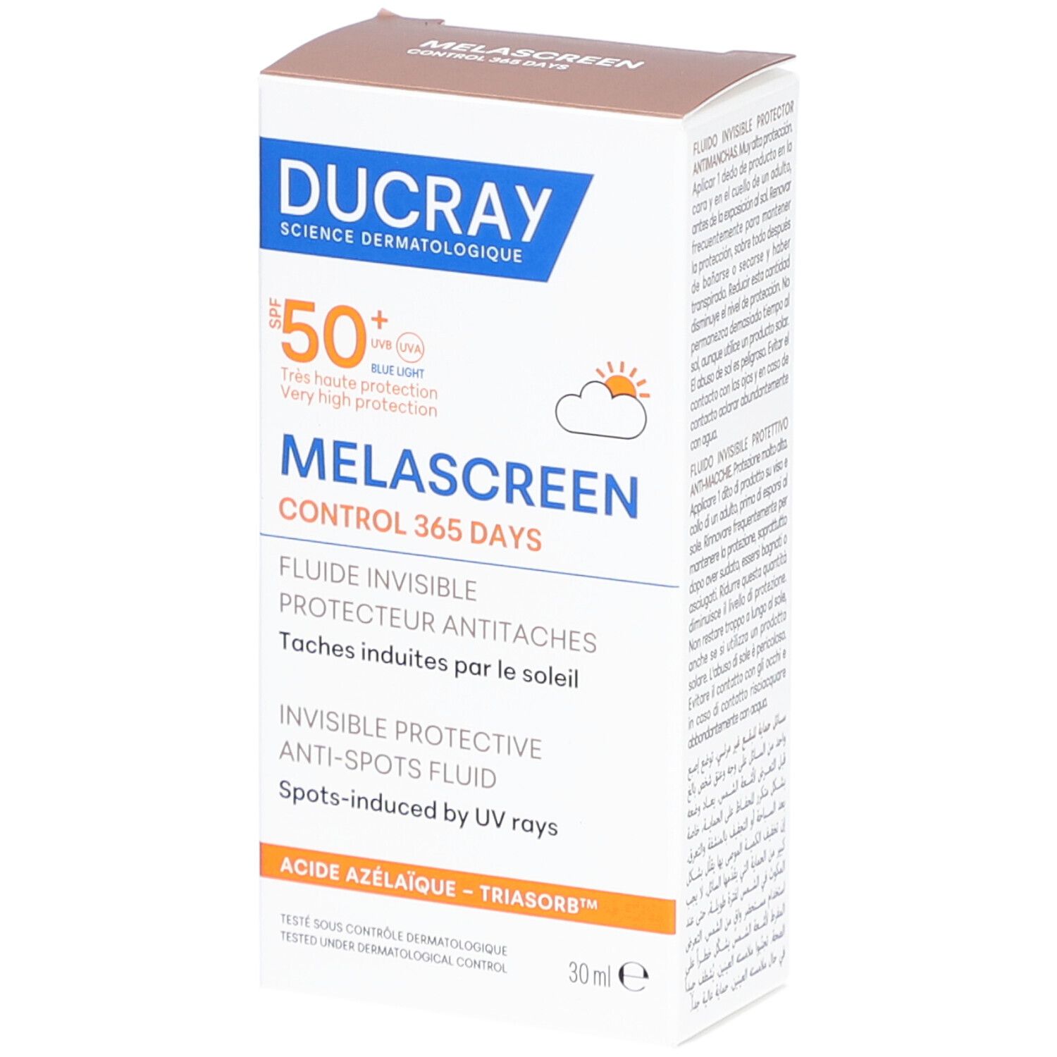 Karton mit Produktinformationen. Oben: Marke DUCRAY, darunter Melascreen. SPF 50+. Text in Französisch.