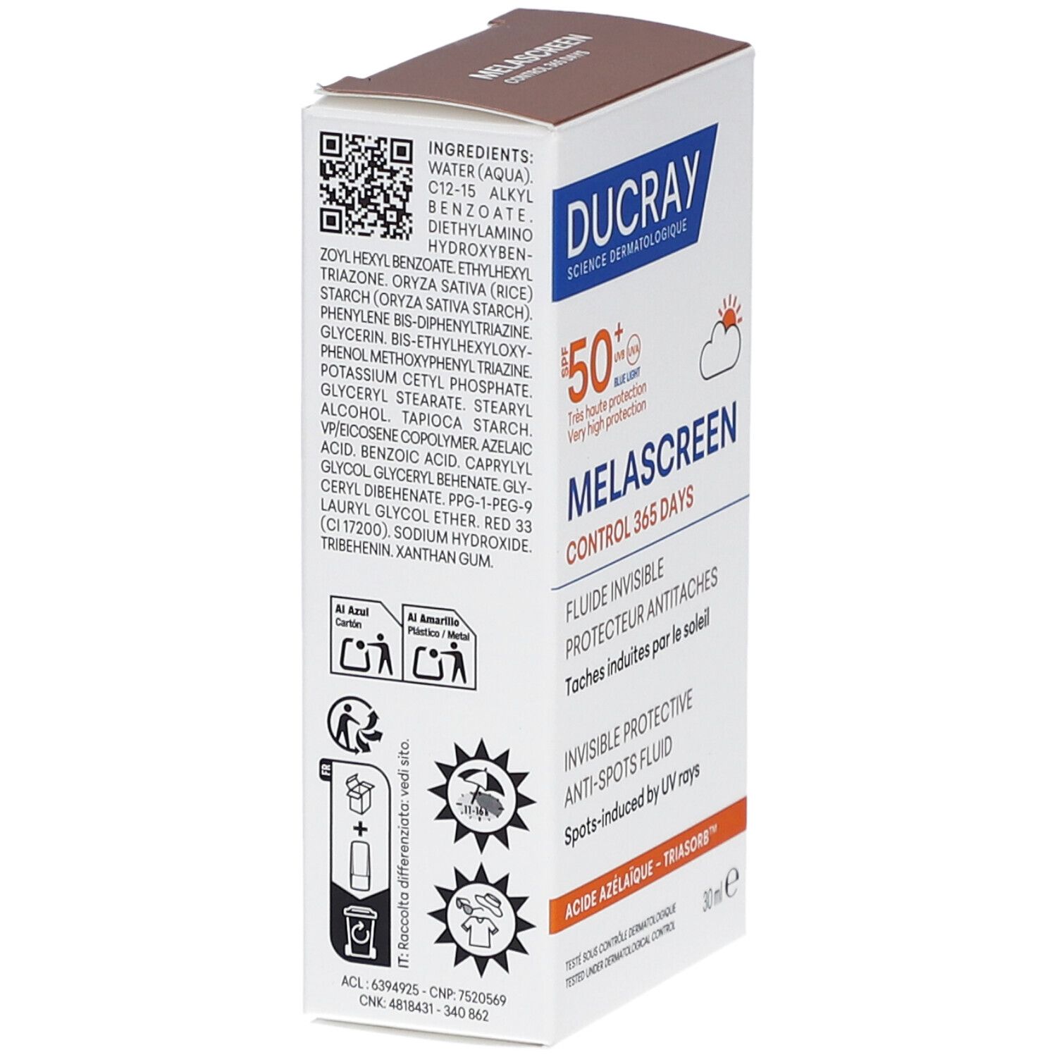 Karton mit Inhaltsstoffen und Produktinformationen. Marke DUCRAY, Melascreen. SPF 50+. QR-Code und Piktogramme.