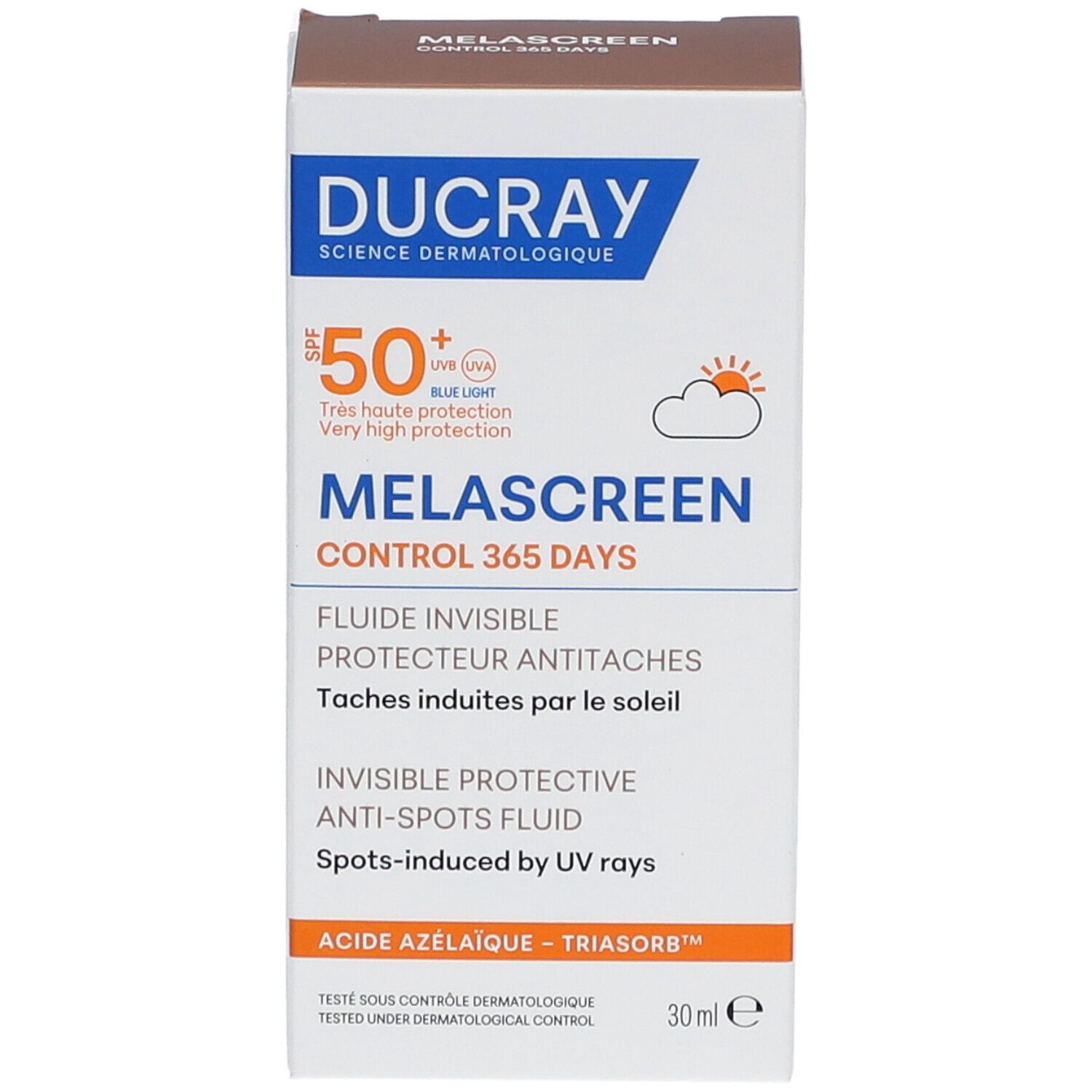 Karton mit Produktinformationen. Marke DUCRAY, Melascreen. SPF 50+. Text in Französisch. 30 ml.