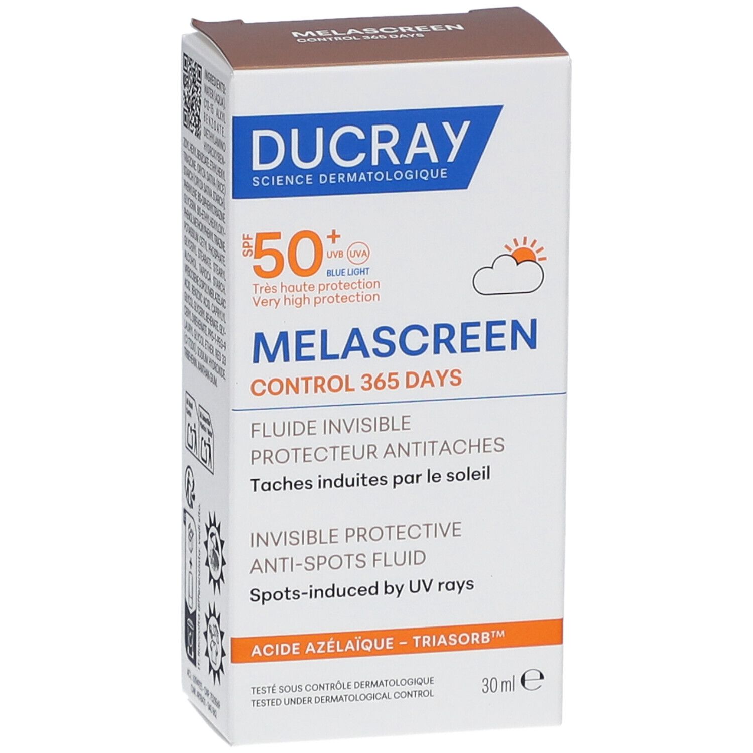 Karton mit Produktinformationen. Marke DUCRAY, Melascreen. SPF 50+. Text in Französisch. 30 ml.