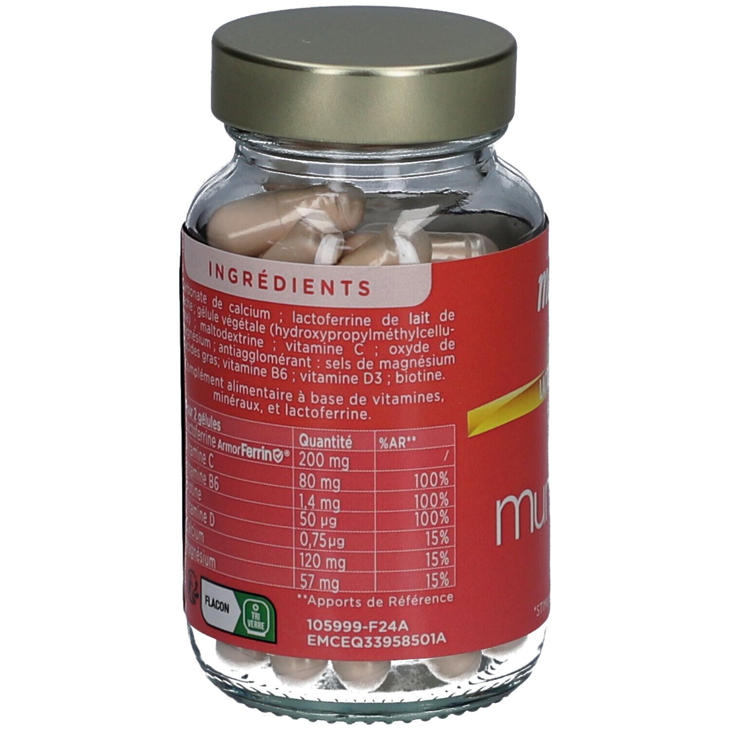 Rückseite der Glasflasche mit Inhaltsstoffen. Roter Aufkleber mit Text. Kapseln sichtbar.