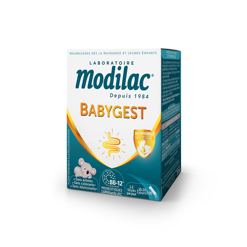 Modilac Babygest-Verpackung. Weiße Schachtel mit blau und orangefarbenen Akzenten. Enthält BB-12 Probiotika. Text: Babygest, Laboratoire Modilac.