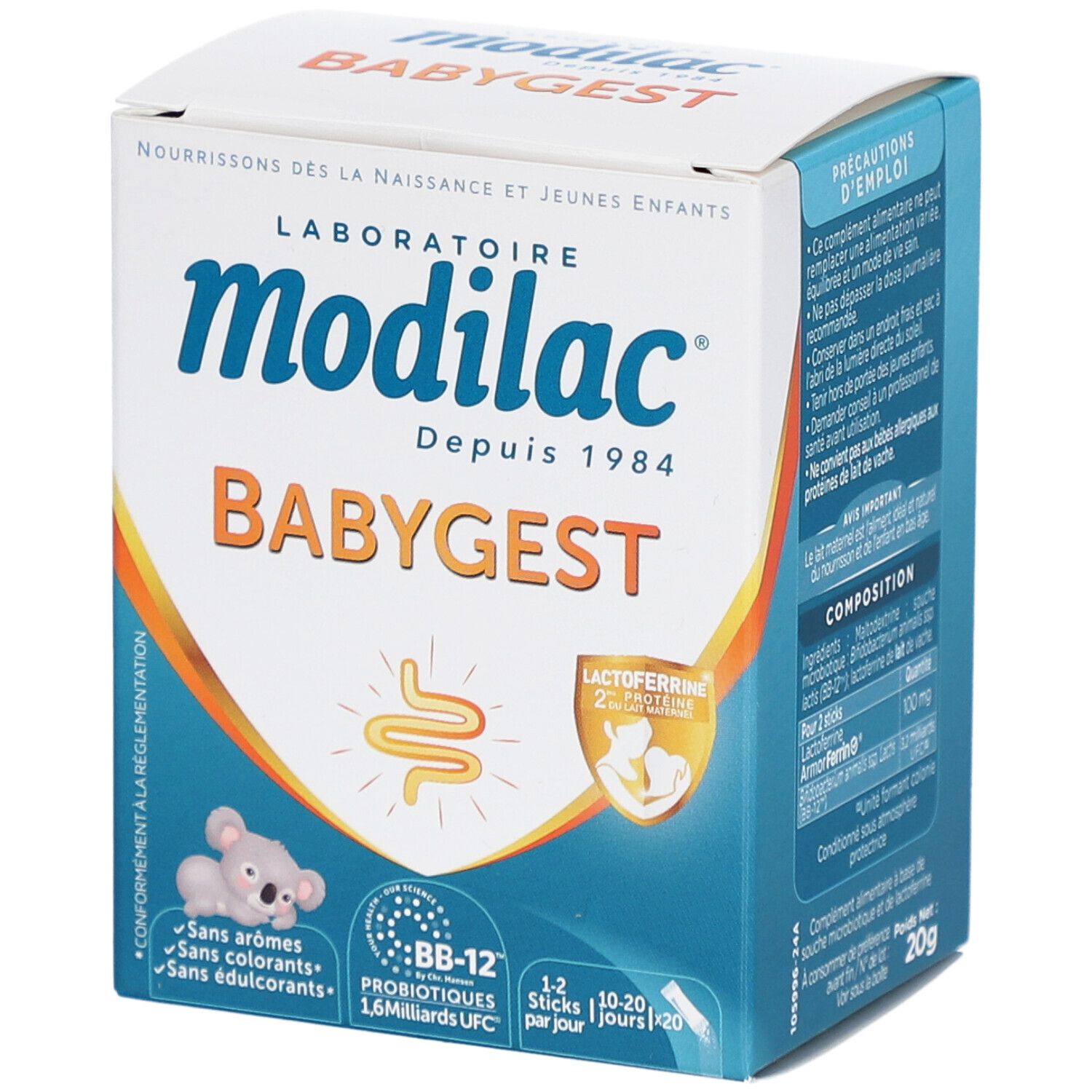 Boîte Modilac Babygest. Inscriptions: BB-12 probiotiques, lactoferrine. Contient 20 sticks.