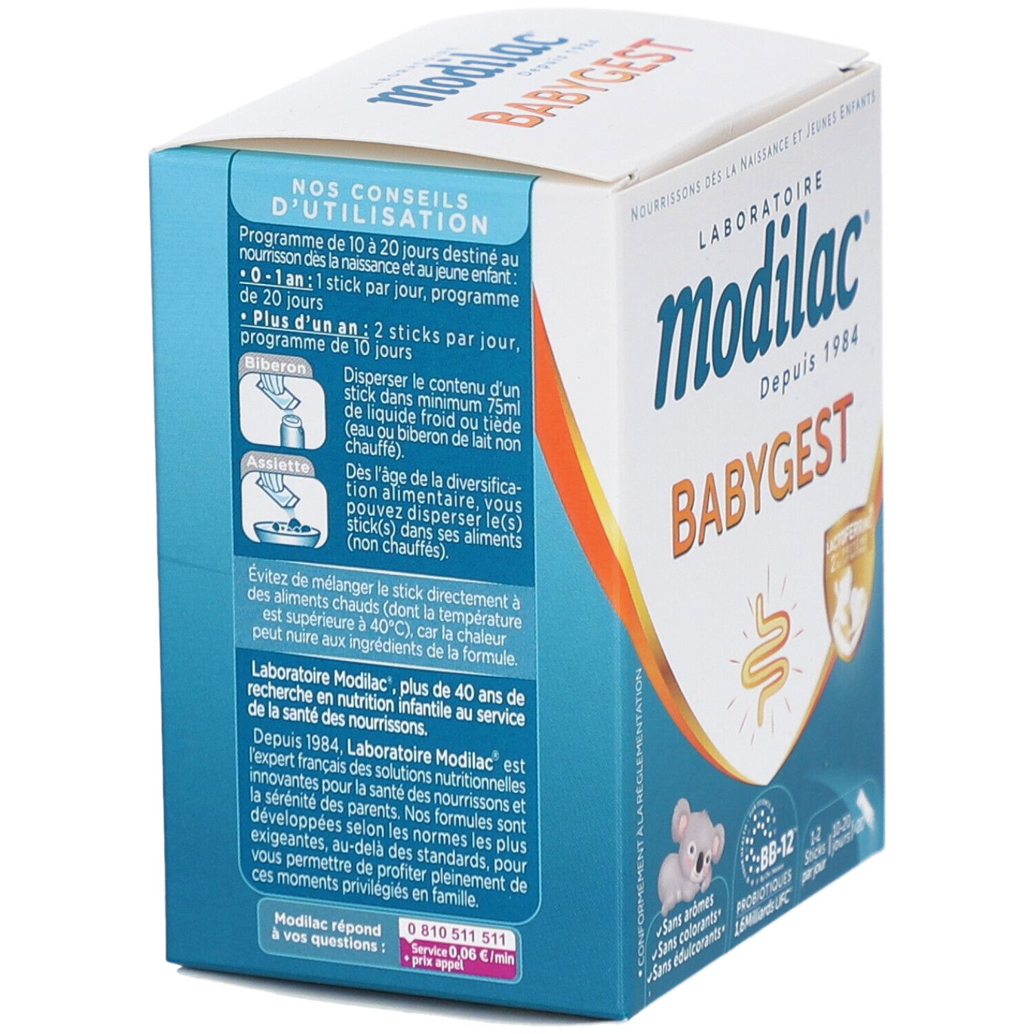 Dos de la boîte Modilac Babygest. Conseils d'utilisation, ingrédients, coordonnées.