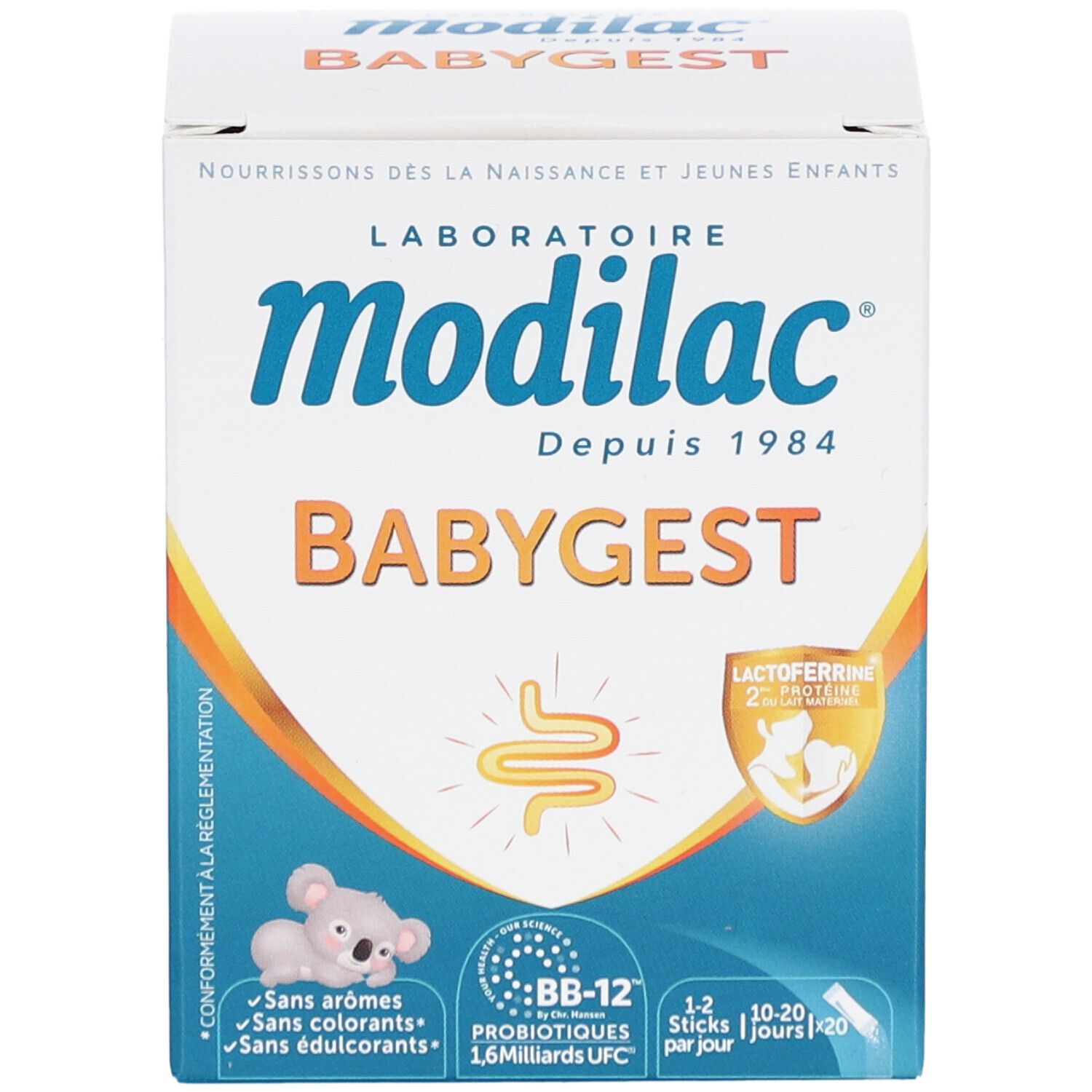 Boîte Modilac Babygest. Inscriptions: BB-12 probiotiques, lactoferrine. Contient 20 sticks.