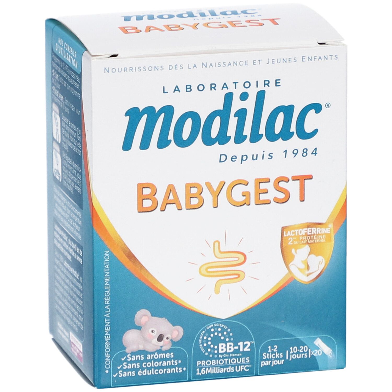 Boîte Modilac Babygest. Inscriptions: BB-12 probiotiques, lactoferrine. Contient 20 sticks.