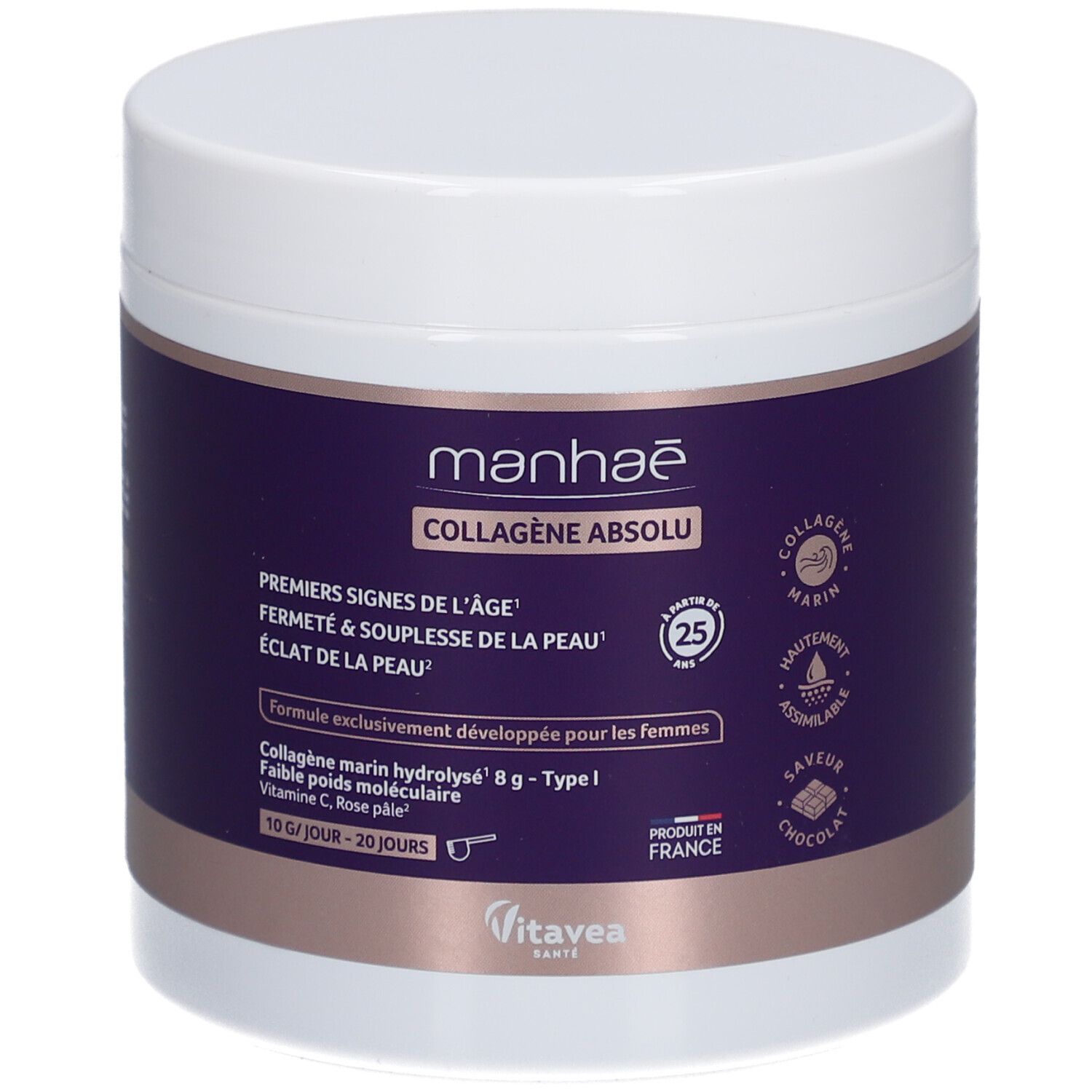 Weißes Gefäß mit lila Etikett. Aufschrift: Manhaé Collagène Absolu. Enthält maritimes Kollagen, Vitamin C und Rosenblüten.