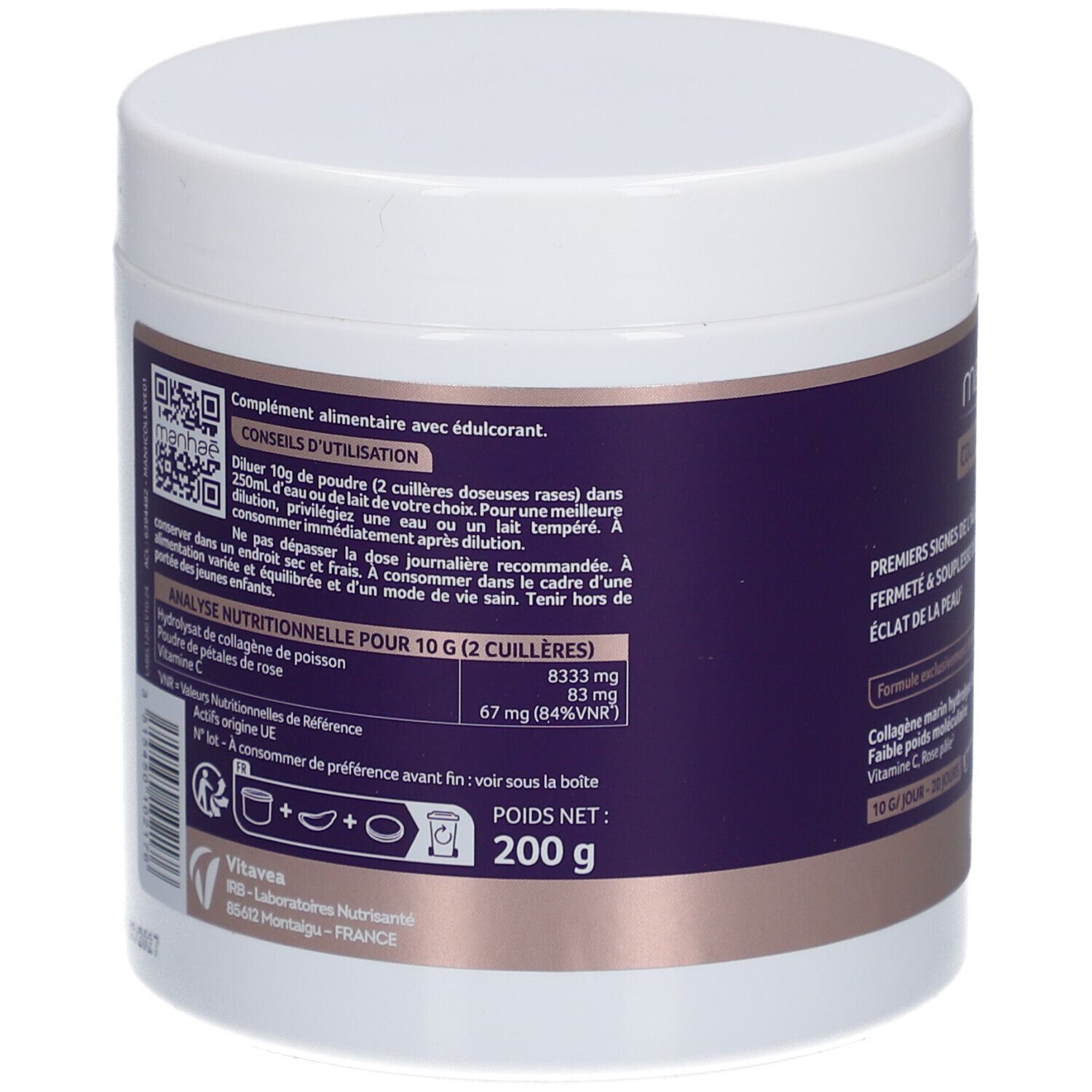 Rückseite des weißen Gefäßes. Enthält Informationen zur Anwendung und Nährwertanalyse. Gewicht: 200 g.