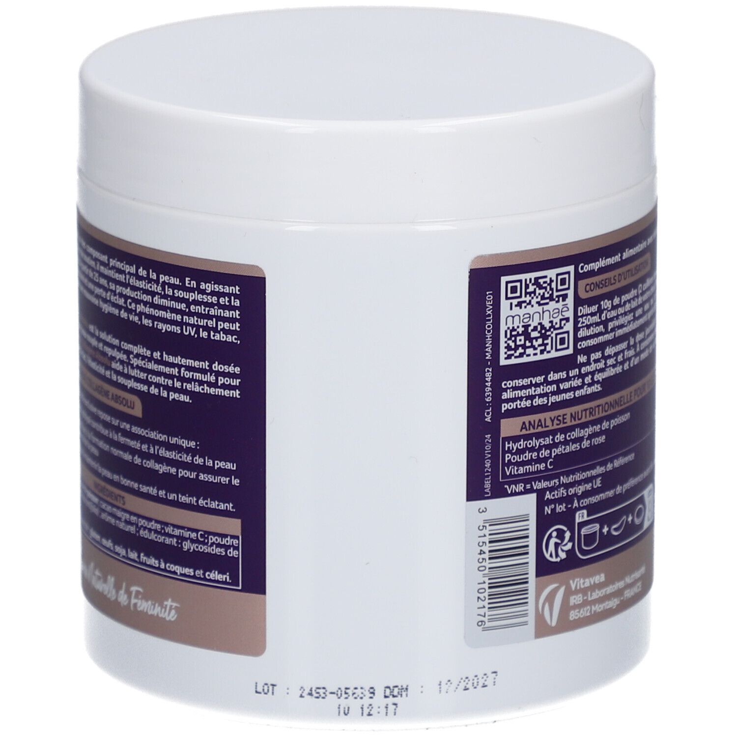 Weißes Gefäß mit lila Etikett. Aufschrift: Manhaé Collagène Absolu. Enthält Informationen zur Anwendung und Nährwertanalyse.