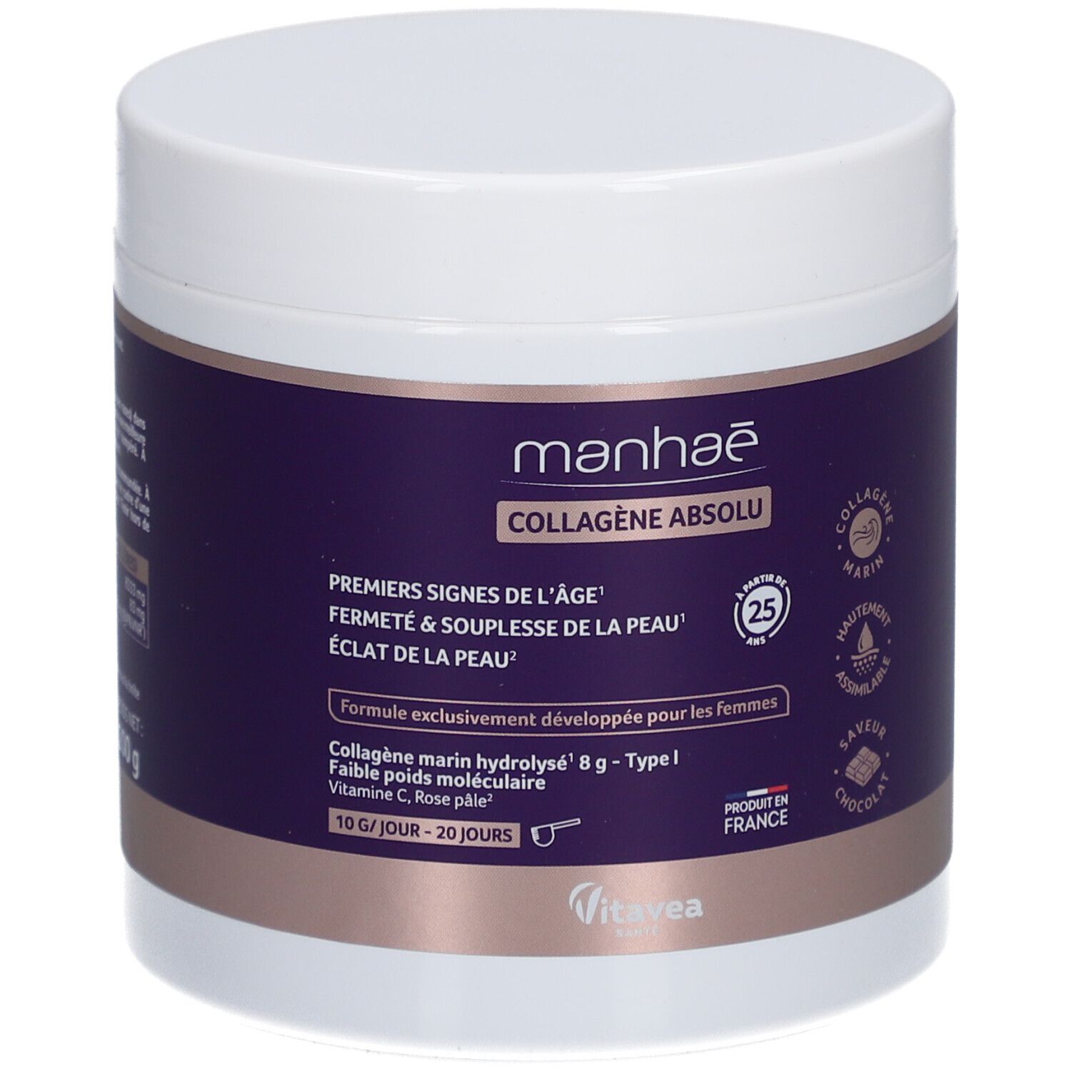 Weißes Gefäß mit lila Etikett. Aufschrift: Manhaé Collagène Absolu. Enthält maritimes Kollagen, Vitamin C und Rosenblüten.