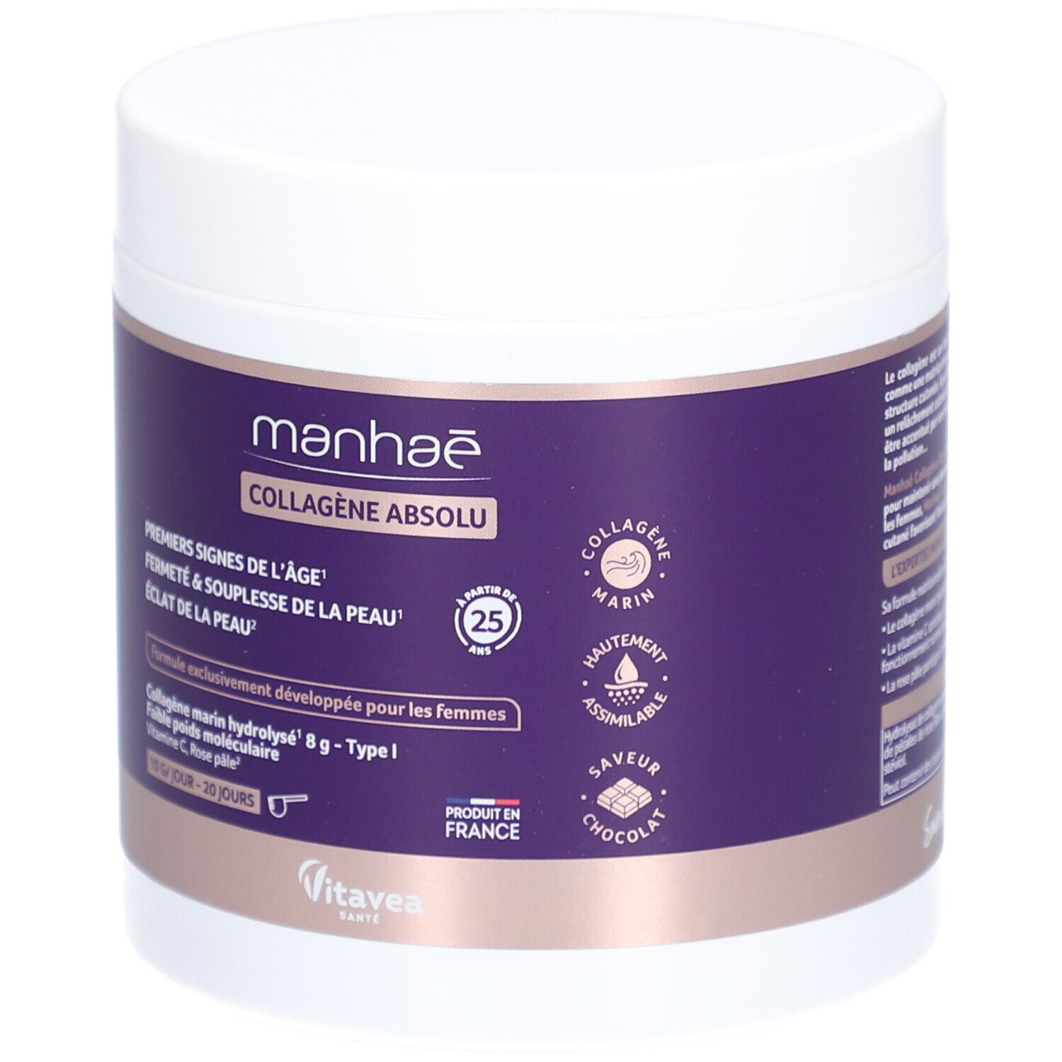 Weißes Gefäß mit lila Etikett. Aufschrift: Manhaé Collagène Absolu. Enthält maritimes Kollagen, Vitamin C und Rosenblüten.