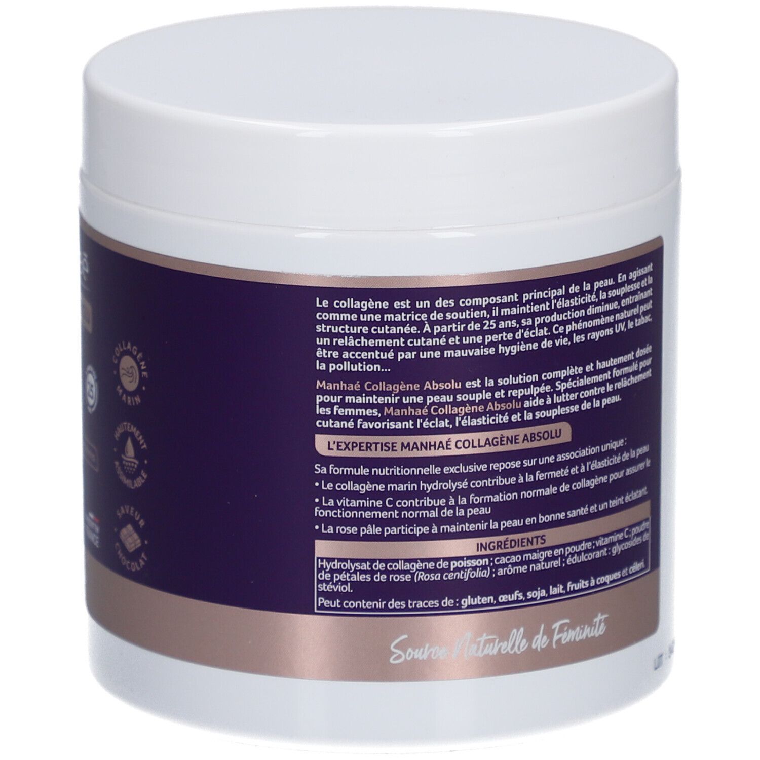 Rückseite des weißen Gefäßes. Text über die Inhaltsstoffe und die Vorteile von Kollagen. Enthält Informationen über die Inhaltsstoffe.