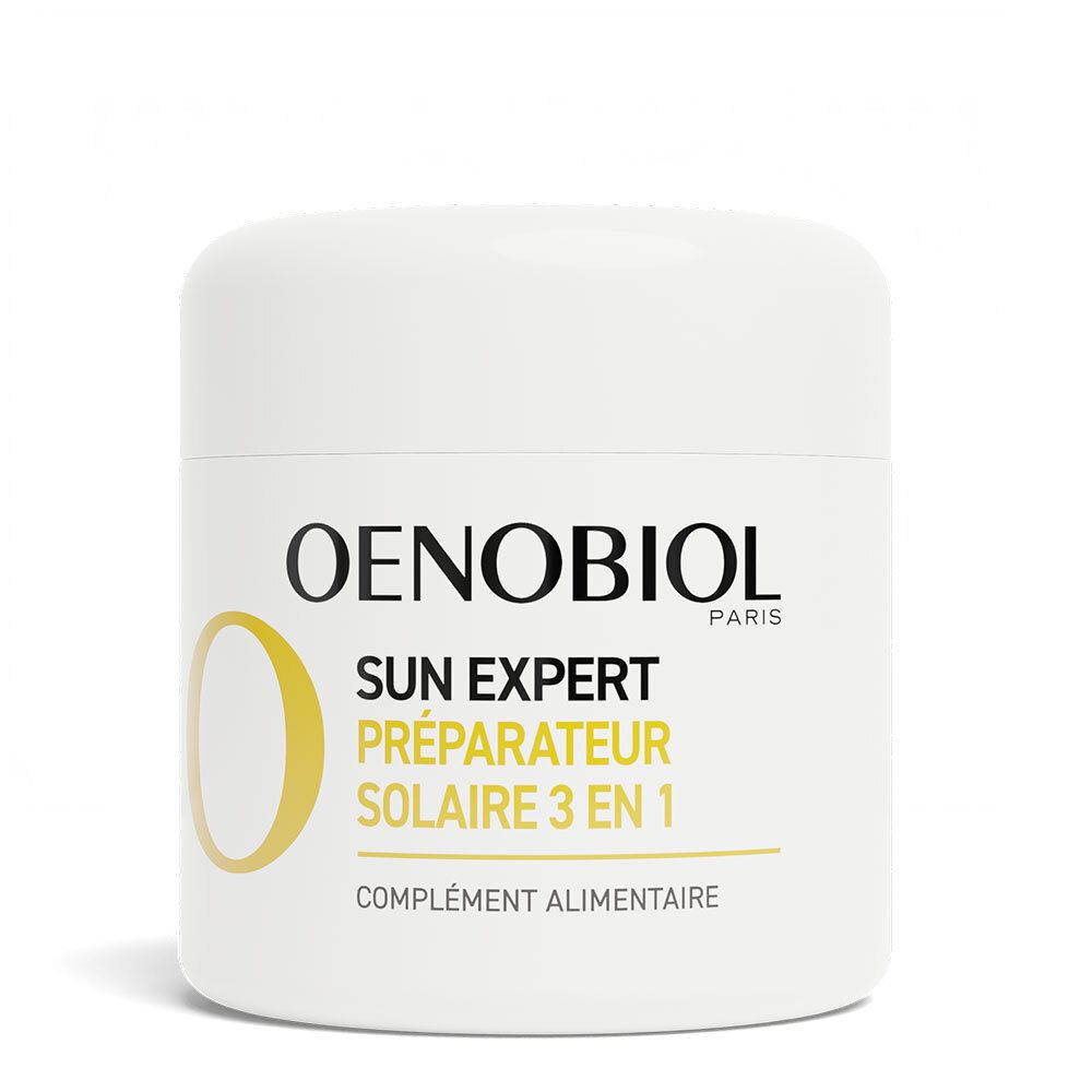 Flacon blanc avec couvercle jaune. Texte: OENOBIOL, SUN EXPERT, PRÉPARATEUR SOLAIRE 3 EN 1, Complément alimentaire.