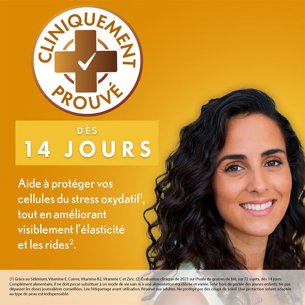 Femme souriante. Texte: Cliniquement prouvé, dès 14 jours. Aide à améliorer l'élasticité de la peau.