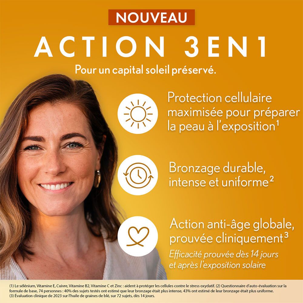 Femme souriante. Texte: Action 3en1. Protection, bronzage, anti-âge. Texte: OENOBIOL, SUN EXPERT, PRÉPARATEUR SOLAIRE 3 EN 1.