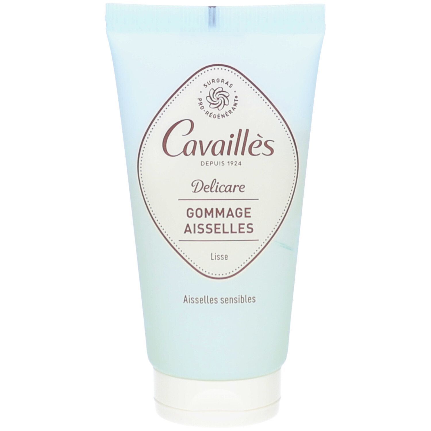 Hellblau-weiße Tube mit Produktnamen und Logo. "Delicare Gommage Aisselles" steht auf dem Etikett. "Aisselles sensibles" darunter.