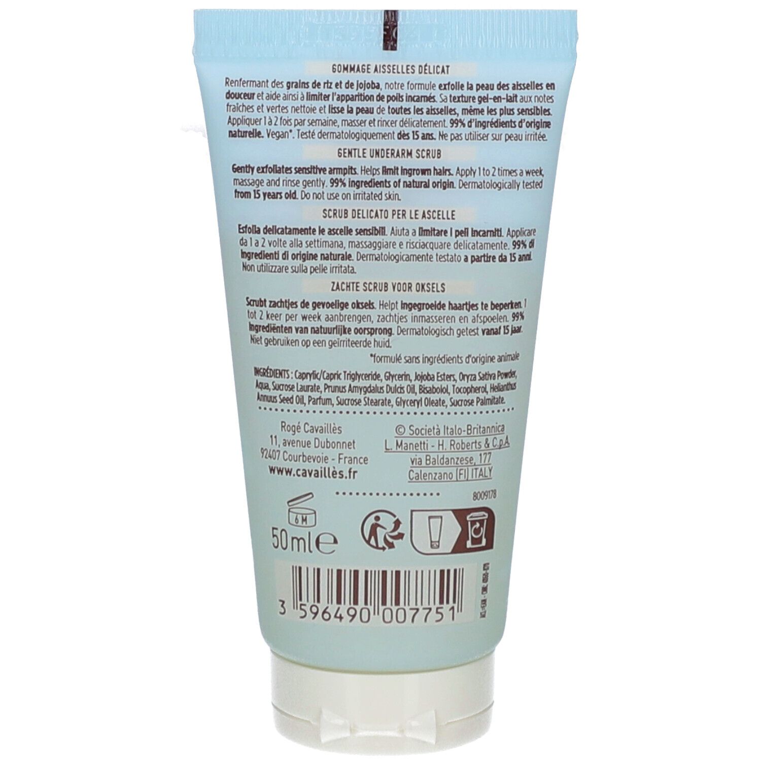 Rückseite der Tube mit Text. Inhaltsstoffe, Gebrauchsanweisung und Herstellerinformationen sind aufgedruckt. 50ml Volumenangabe.