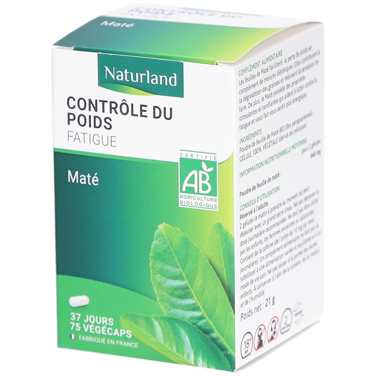 Weiße Schachtel mit NATURLAND-Logo, Text "CONTRÔLE DU POIDS FATIGUE Maté". AB-Bio-Zertifizierung. 75 Vegicaps. Blätter-Illustration.