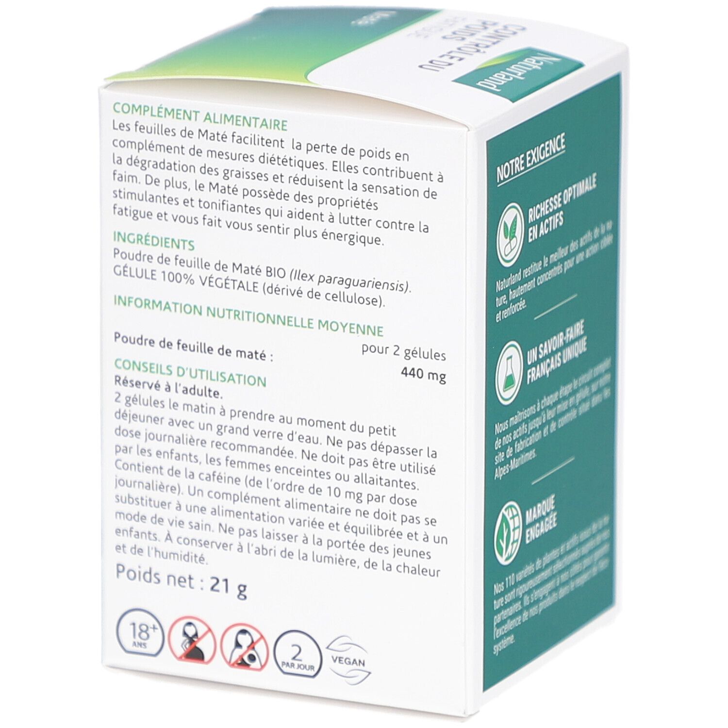 Weiße Schachtel mit NATURLAND-Logo. Text "CONTRÔLE DU POIDS FATIGUE Maté". Inhaltsstoffe, Dosierung, Warnhinweise. Gewicht: 21 g.
