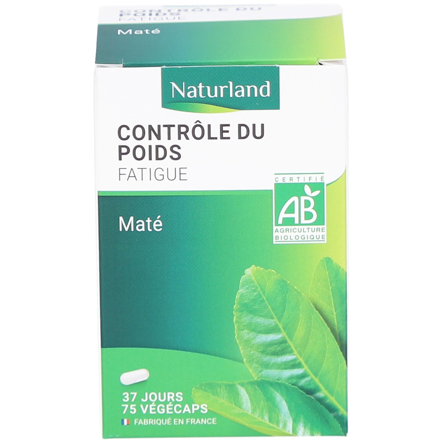 Weiße Schachtel mit NATURLAND-Logo, Text "CONTRÔLE DU POIDS FATIGUE Maté". AB-Bio-Zertifizierung. 75 Vegicaps. Blätter-Illustration. Kapsel.