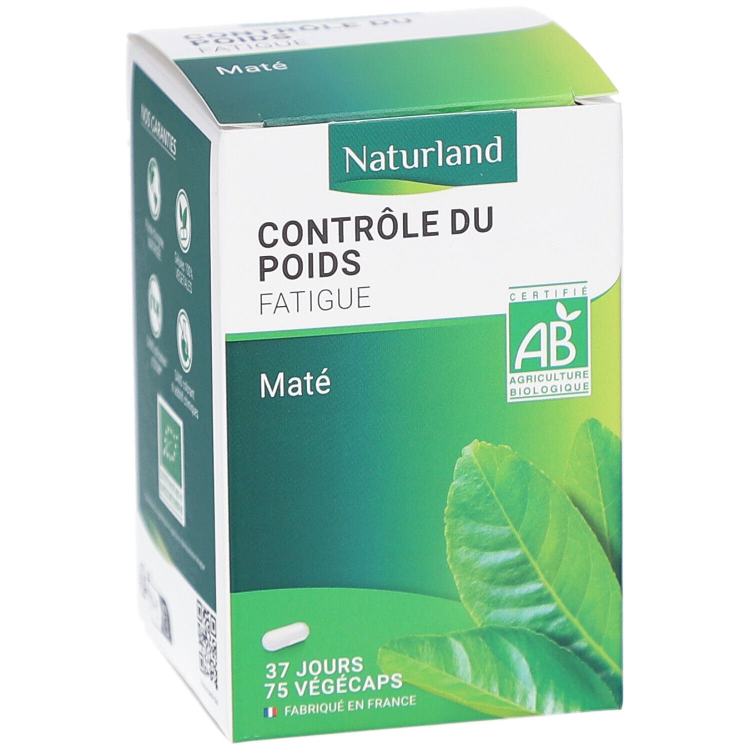 Weiße Schachtel mit NATURLAND-Logo, Text "CONTRÔLE DU POIDS FATIGUE Maté". AB-Bio-Zertifizierung. 75 Vegicaps. Blätter-Illustration.