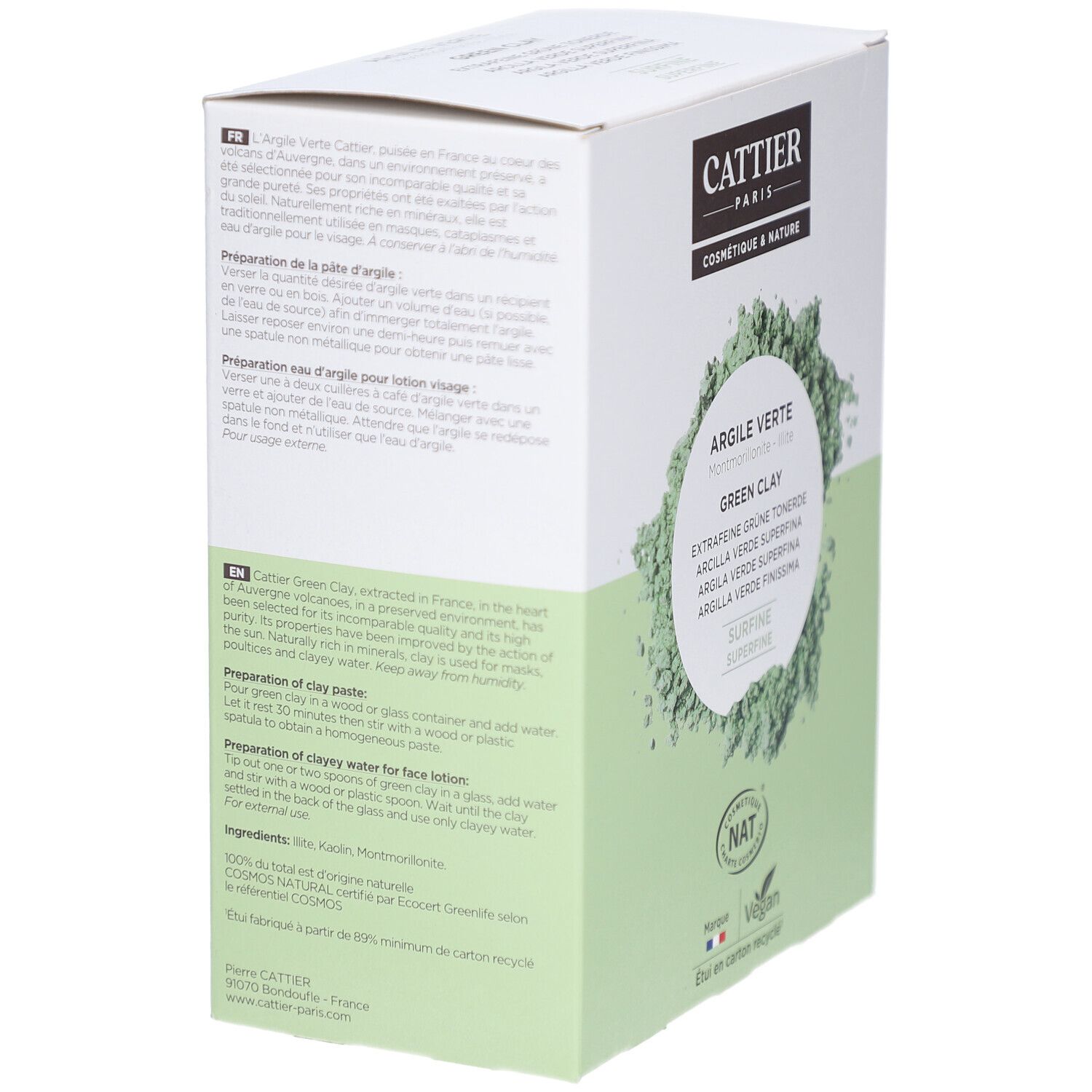 Verpackung von CATTIER ARGILE VERTE SURFINE. Seitenansicht mit Text. Text: Zubereitung der Tonerde, Inhaltsstoffe, COSMOS NATURAL, Vegan.