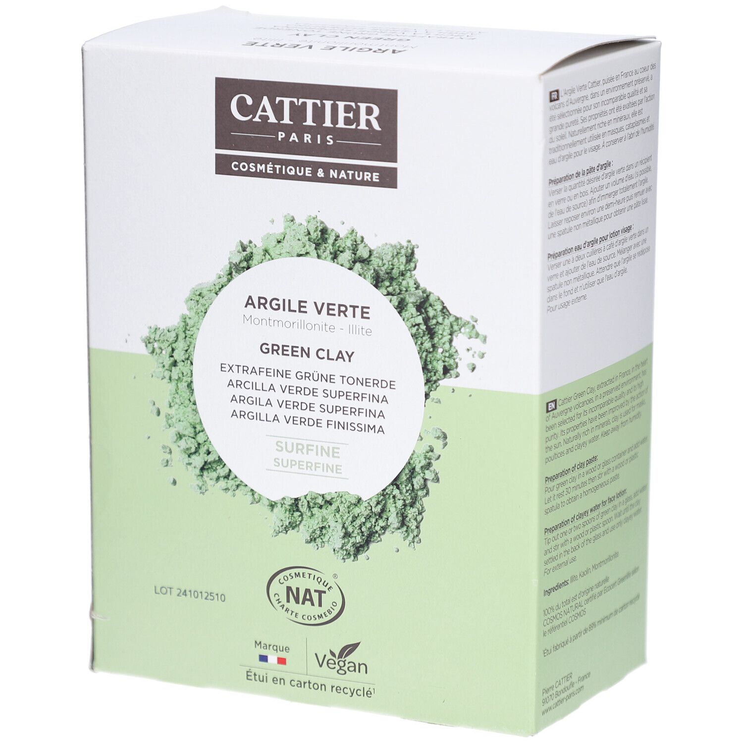 Verpackung von CATTIER ARGILE VERTE SURFINE. Grünliche Pulverabbildung. Text: ARGILE VERTE, Green Clay, SURFINE. Logo: NAT, Vegan. LOT-Nummer.