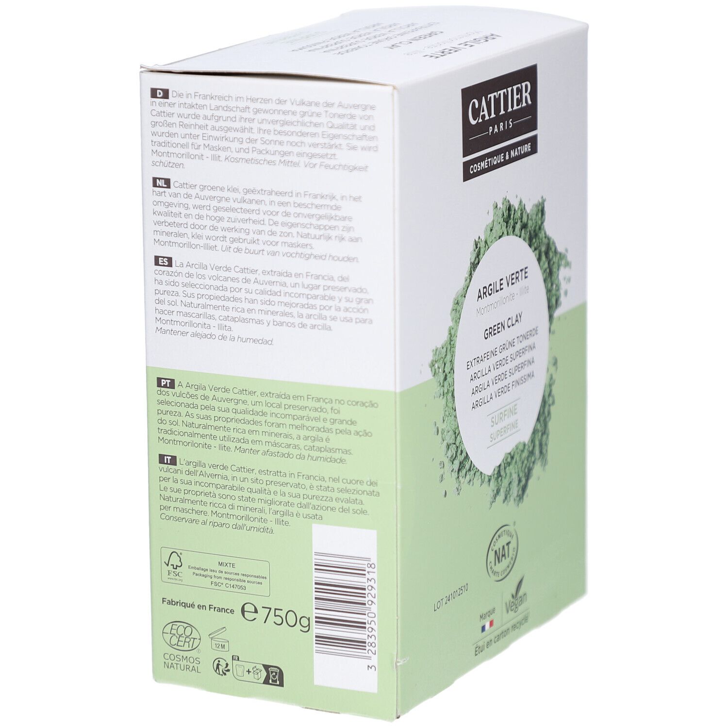 Verpackung von CATTIER ARGILE VERTE SURFINE. Seitenansicht mit Text. Text: Informationen zur Tonerde, COSMOS NATURAL, Vegan, Fabriqué en France.
