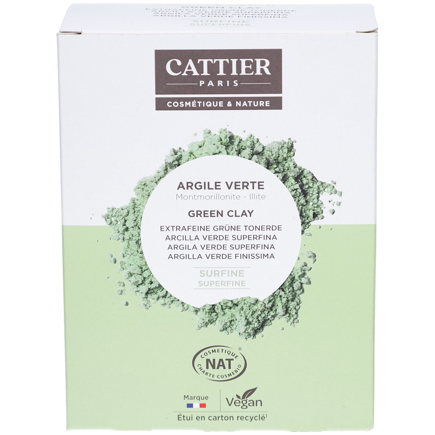 Verpackung von CATTIER ARGILE VERTE SURFINE. Grünliche Pulverabbildung. Text: ARGILE VERTE, Green Clay, SURFINE. Logo: NAT, Vegan, Fabriqué en France.