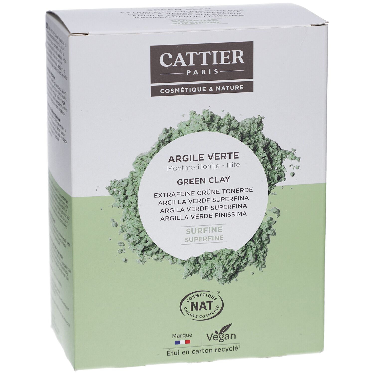 Verpackung von CATTIER ARGILE VERTE SURFINE. Grünliche Pulverabbildung. Text: ARGILE VERTE, Green Clay, SURFINE. Logo: NAT, Vegan, Fabriqué en France.