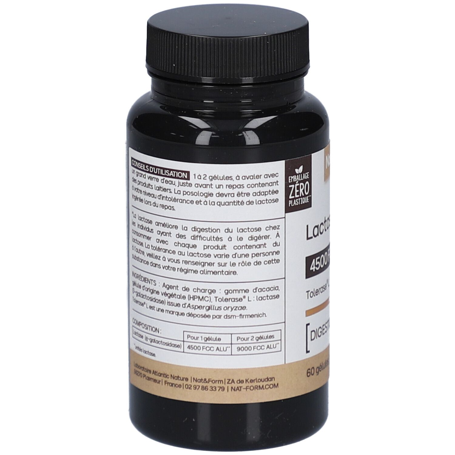 Rückseite der Flasche mit Kapseln. Text über Anwendung, Inhaltsstoffe und Zusammensetzung. Marke: Nat&Form. 60 Kapseln.