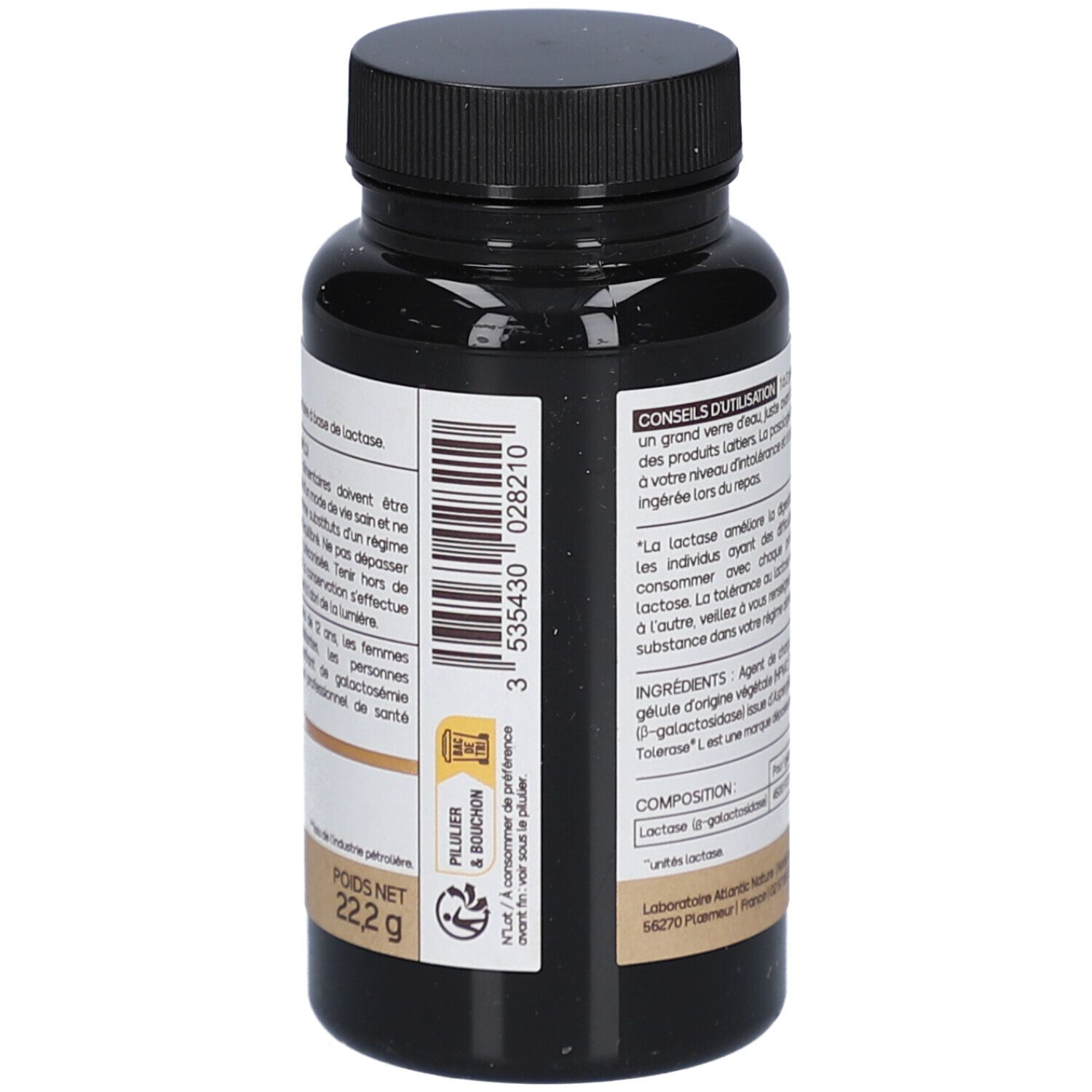 Rückseite der Flasche mit Kapseln. Barcode, Text über Gewicht und Inhaltsstoffe. Marke: Nat&Form. 60 Kapseln.