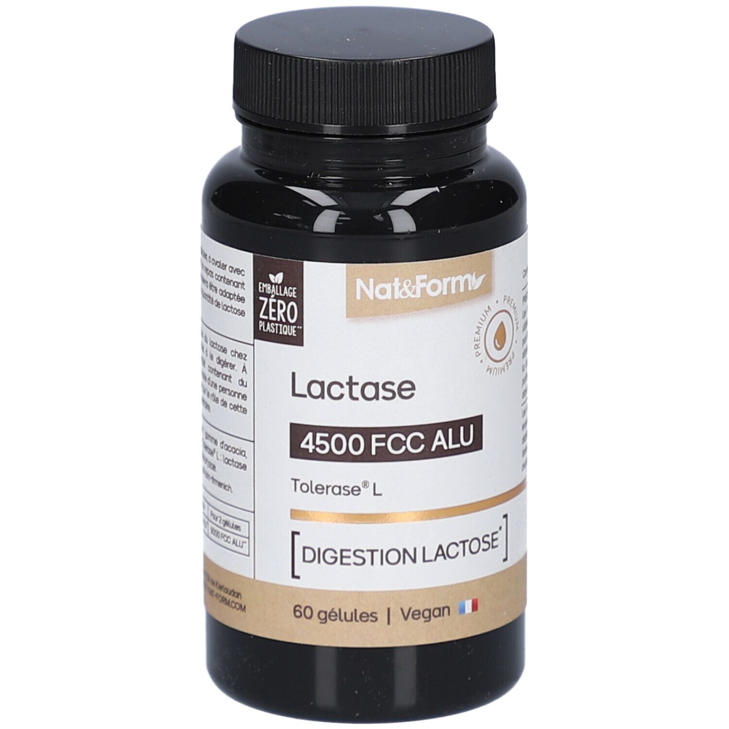 Braune Flasche mit Kapseln. Aufschrift: Lactase 4500 FCC ALU, Tolerase L, Digestion Lactose, 60 Kapseln, Vegan. Marke: Nat&Form.