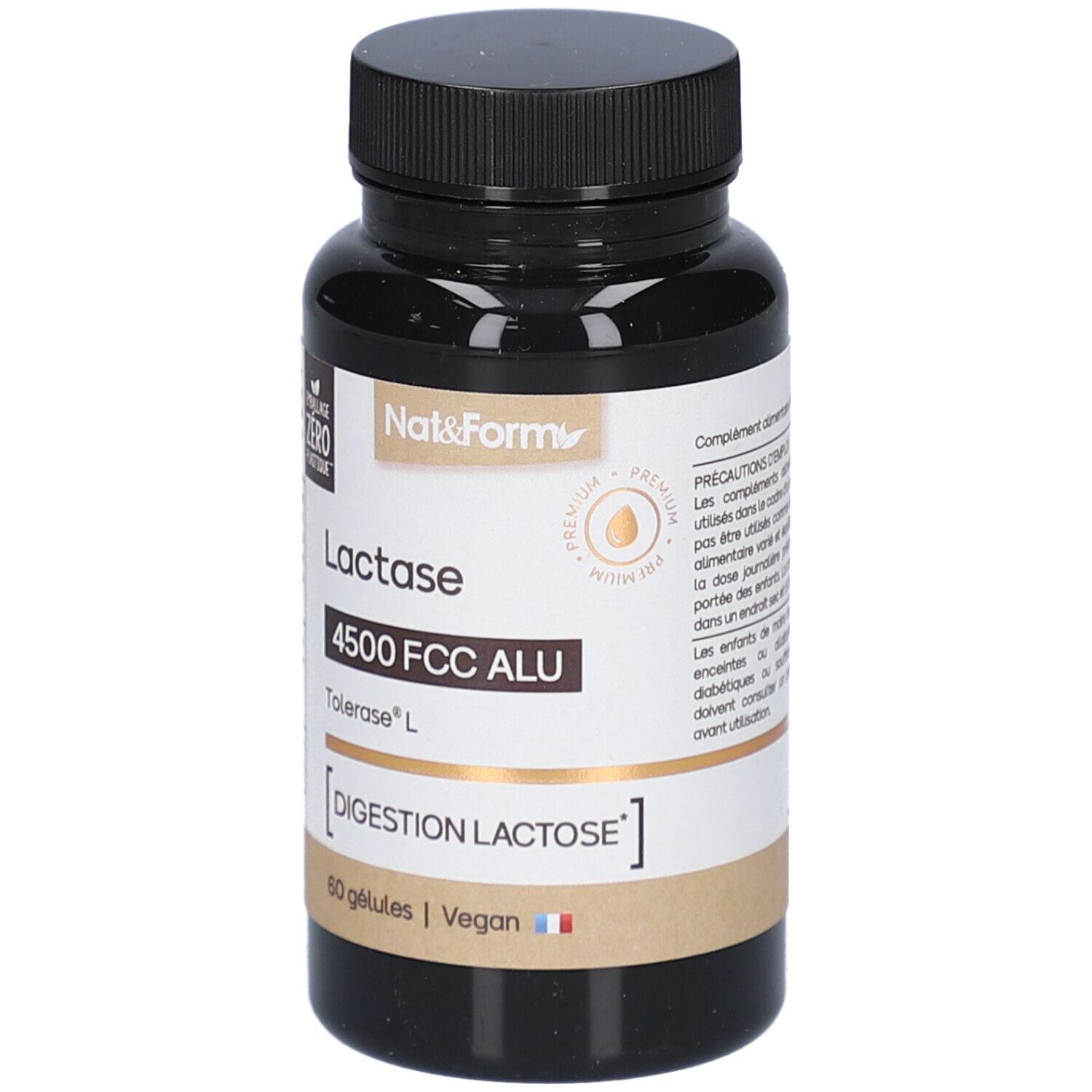 Braune Flasche mit Kapseln. Aufschrift: Lactase 4500 FCC ALU, Tolerase L, Digestion Lactose, 60 Kapseln, Vegan. Marke: Nat&Form.