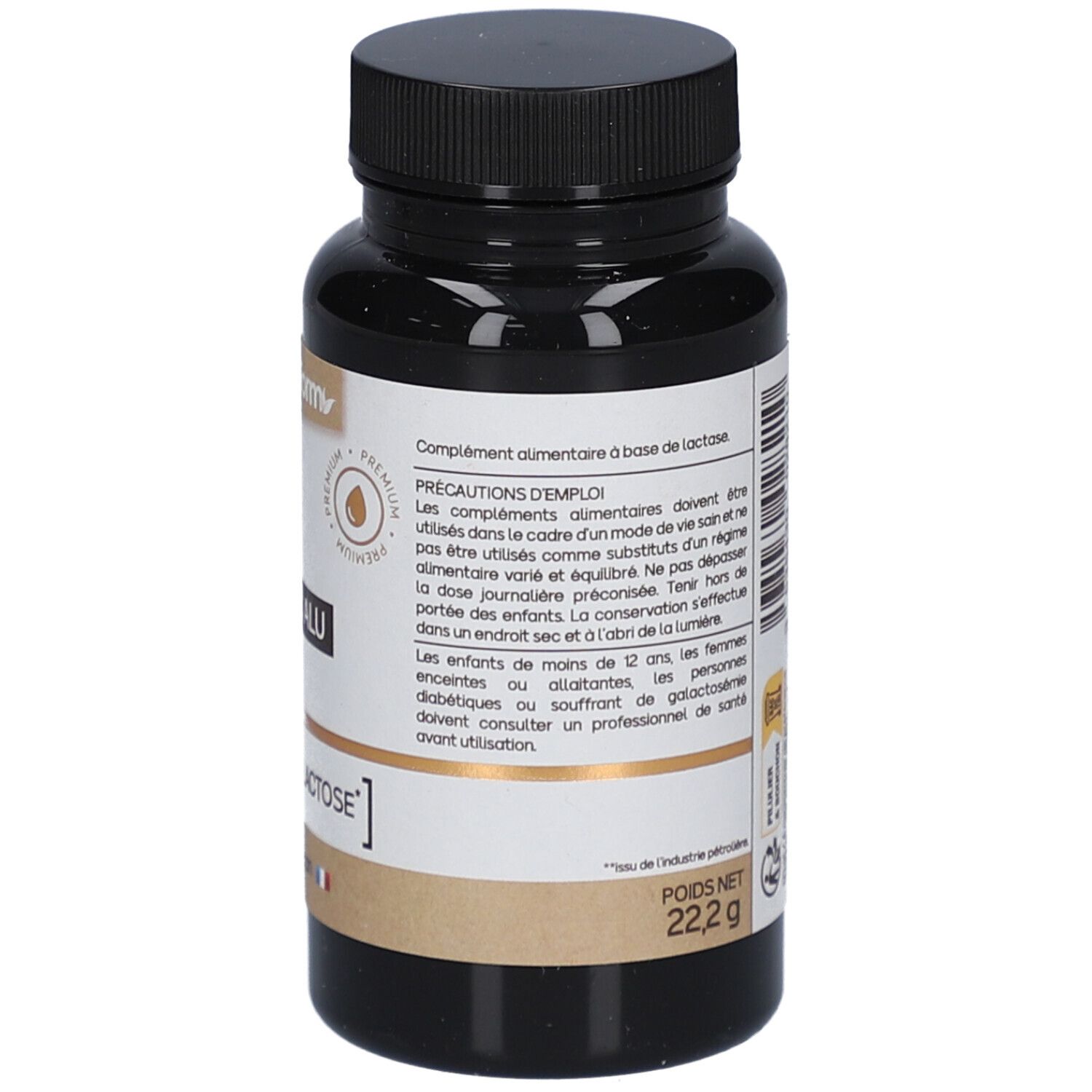 Rückseite der Flasche mit Kapseln. Text über Anwendung, Inhaltsstoffe und Zusammensetzung. Marke: Nat&Form. 60 Kapseln.