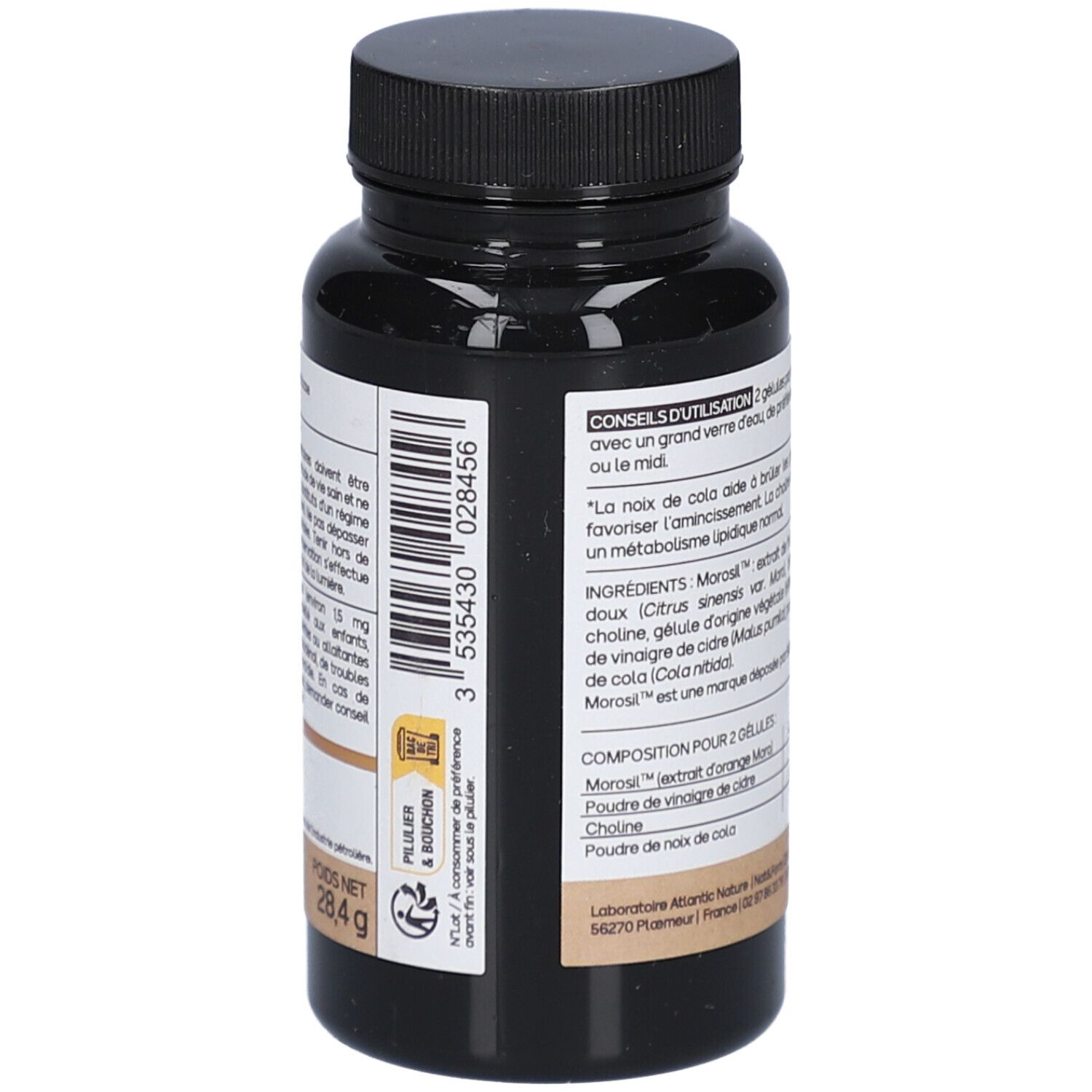 Schwarze Flasche mit Kapseln. Aufschrift: Minceur Morosil 400. Gebrauchsanweisung und Inhaltsstoffe. Vegan.