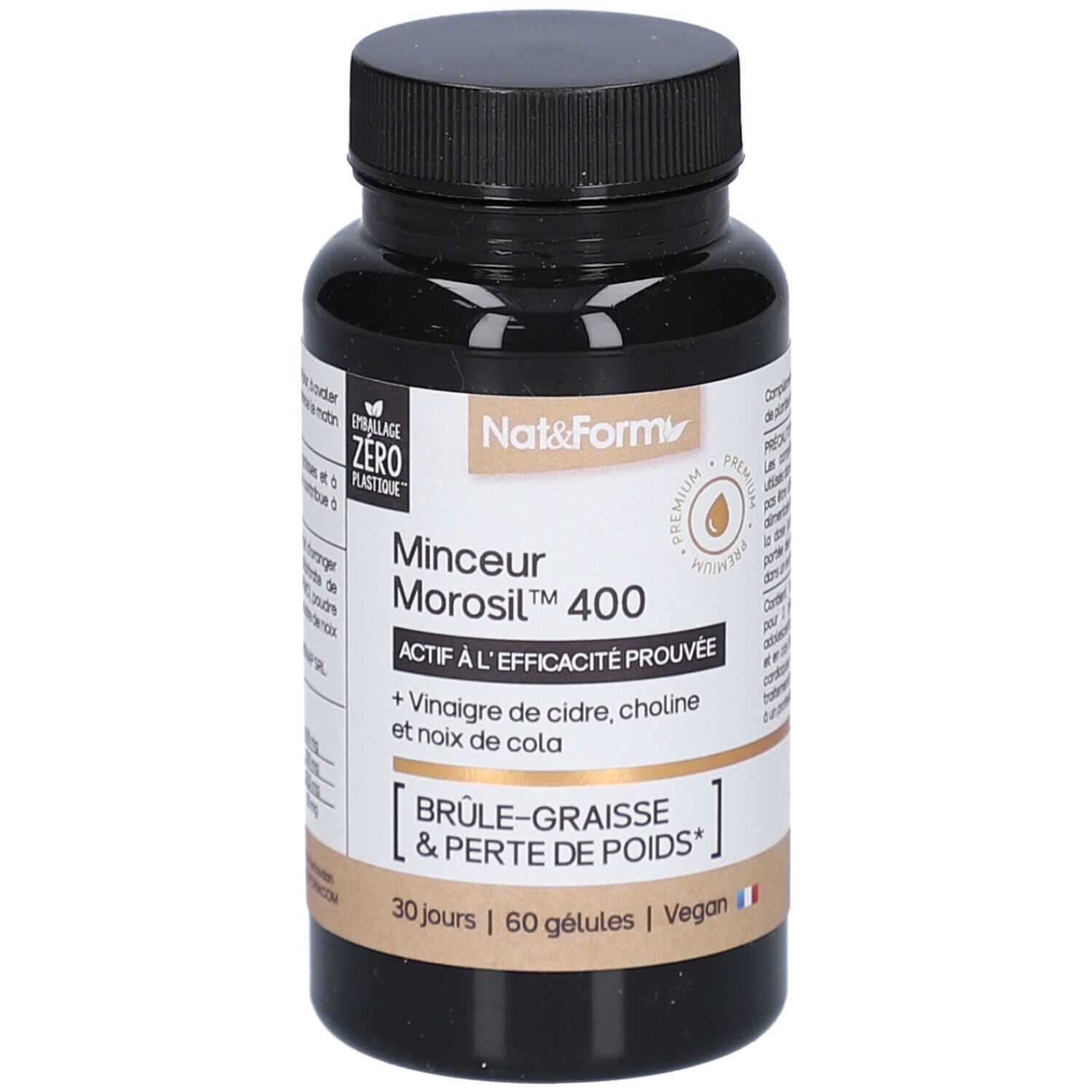 Braune Kapseln in einer schwarzen Flasche. Aufschrift: Minceur Morosil 400, ACTIF A L'EFFICACITE PROUVEE. Vegan.