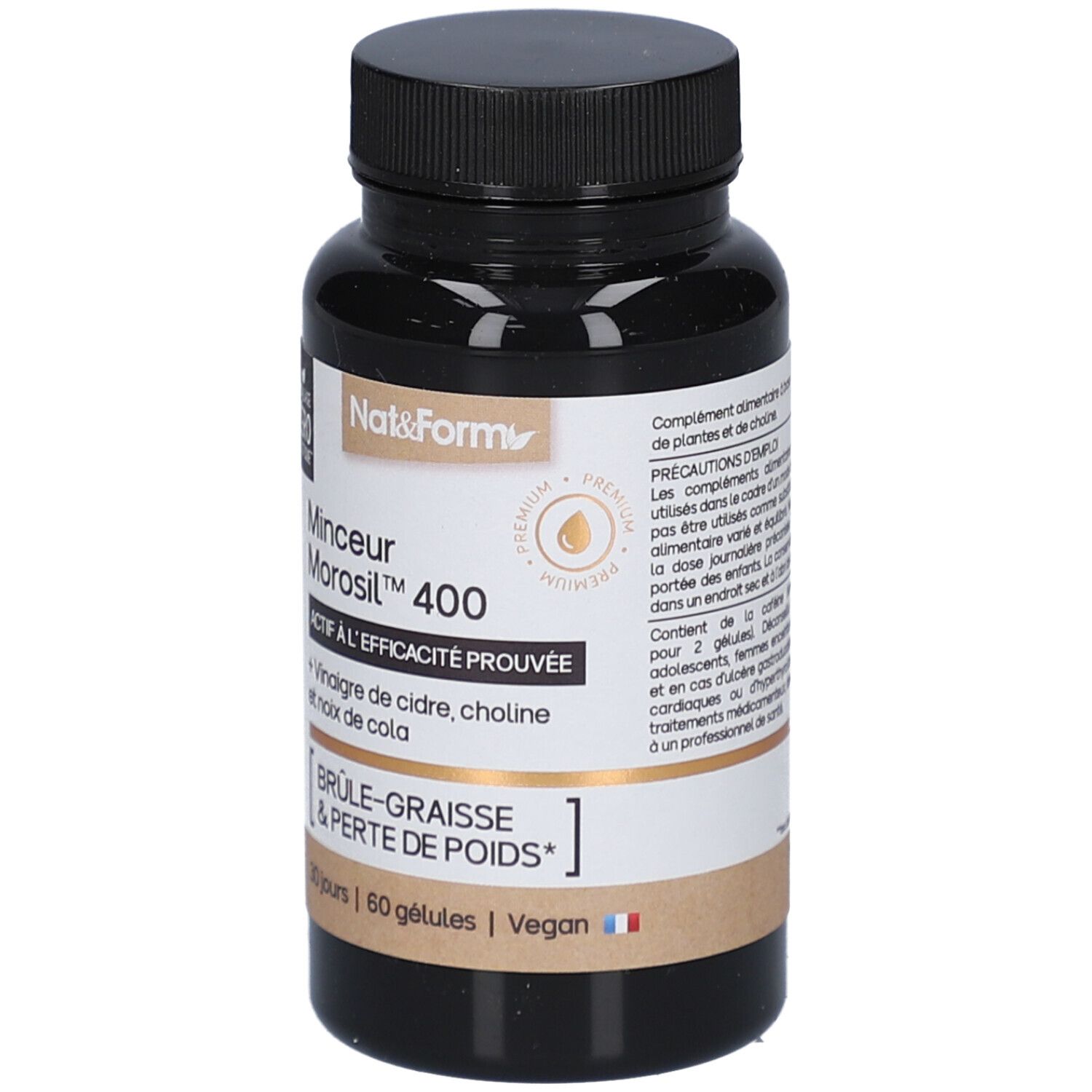 Schwarze Flasche mit Kapseln. Aufschrift: Minceur Morosil 400, ACTIF A L'EFFICACITE PROUVEE. Vegan. Detailansicht der Inhaltsstoffe.