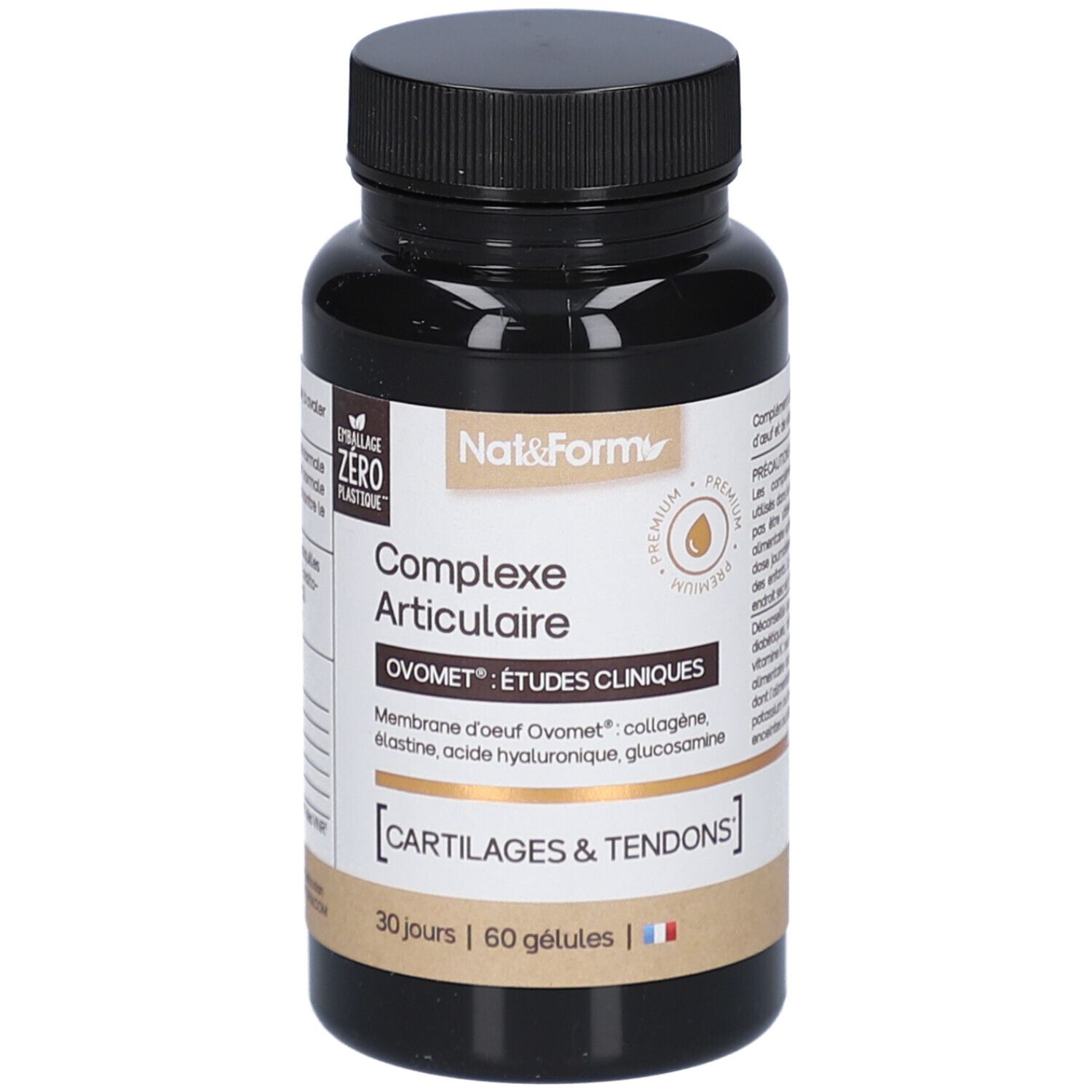 Flacon brun de gélules. Inscription: Nat&Form, Complexe Articulaire, Ovomet, Cartilages & Tendons. 60 gélules.