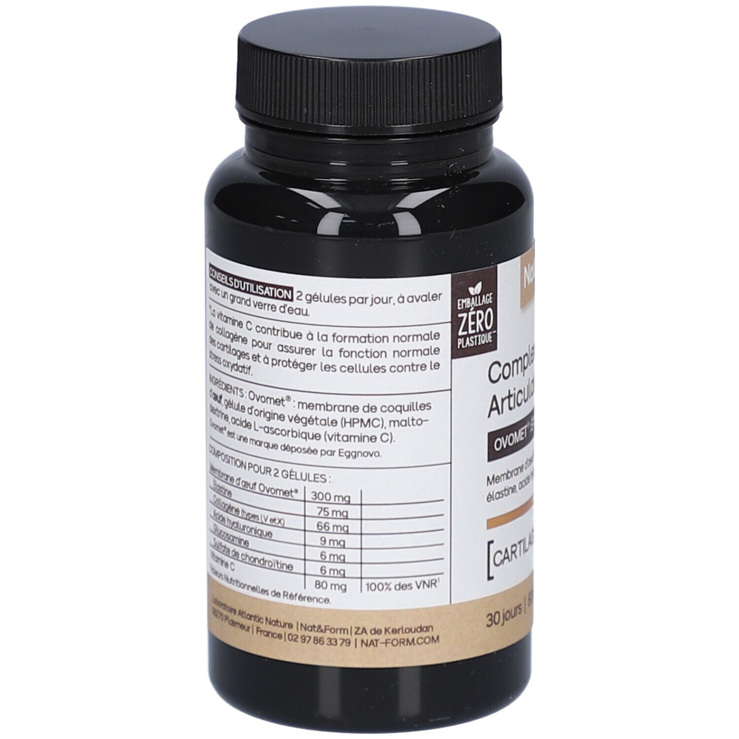 Dos du flacon. Texte: ingrédients, composition, conseils d'utilisation. Nat&Form, Complexe Articulaire, Ovomet.