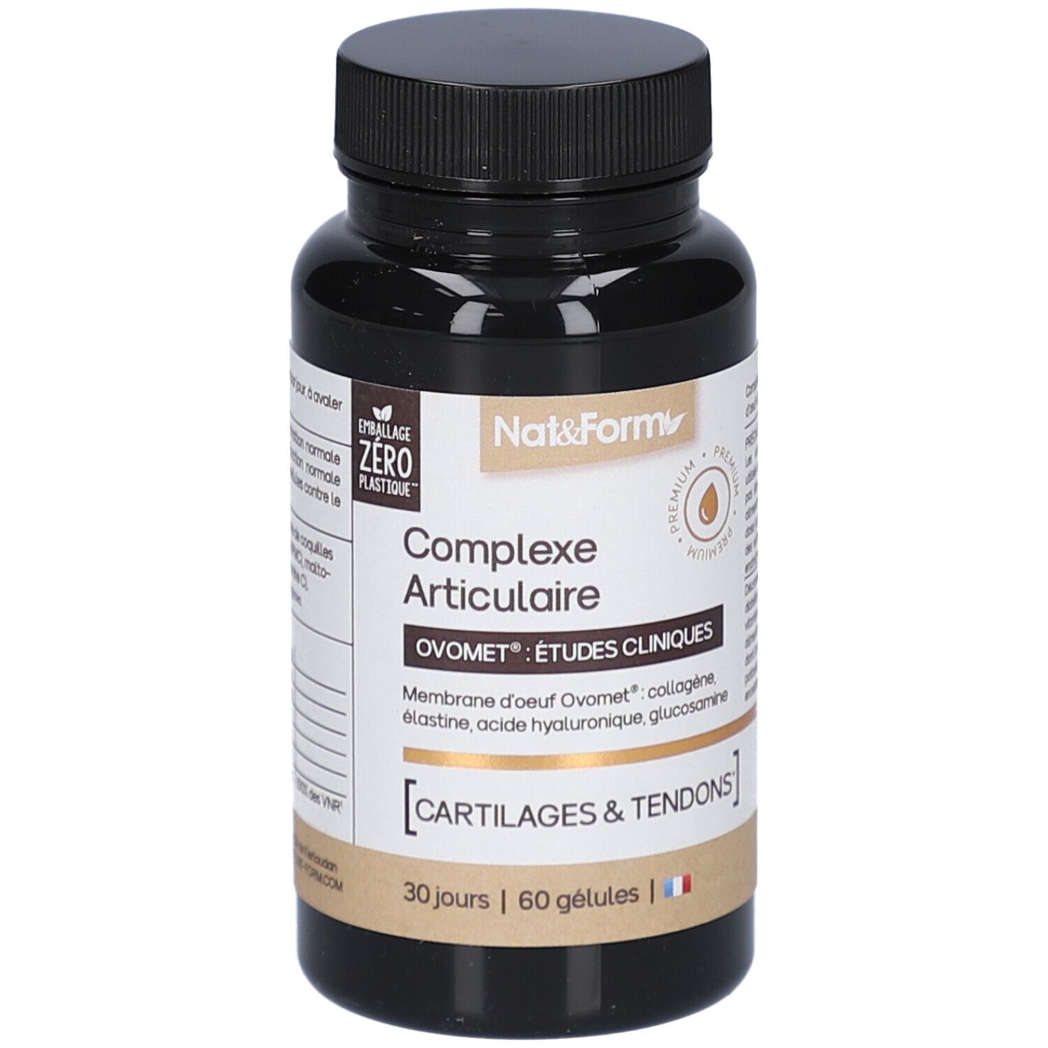 Flacon brun de gélules. Inscription: Nat&Form, Complexe Articulaire, Ovomet, Cartilages & Tendons. 60 gélules.