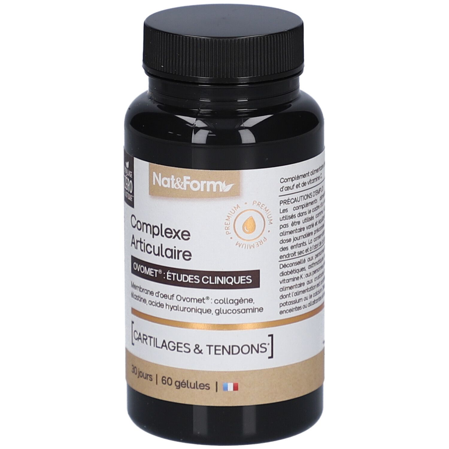 Flacon brun de gélules. Inscription: Nat&Form, Complexe Articulaire, Ovomet, Cartilages & Tendons. 60 gélules.