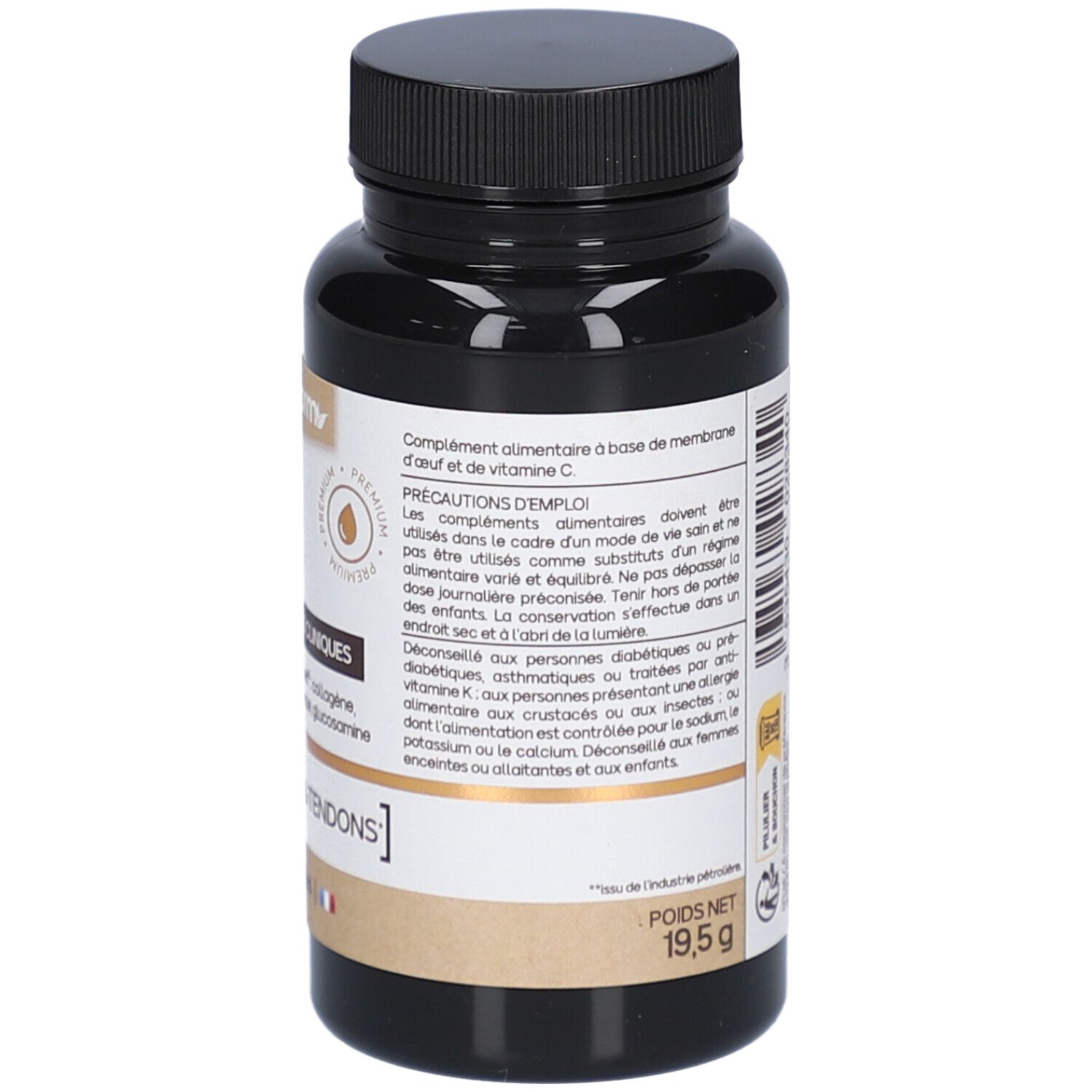 Dos du flacon. Texte: précautions d'emploi, ingrédients, composition. Nat&Form, Complexe Articulaire, Ovomet. Poids net: 19,5g.