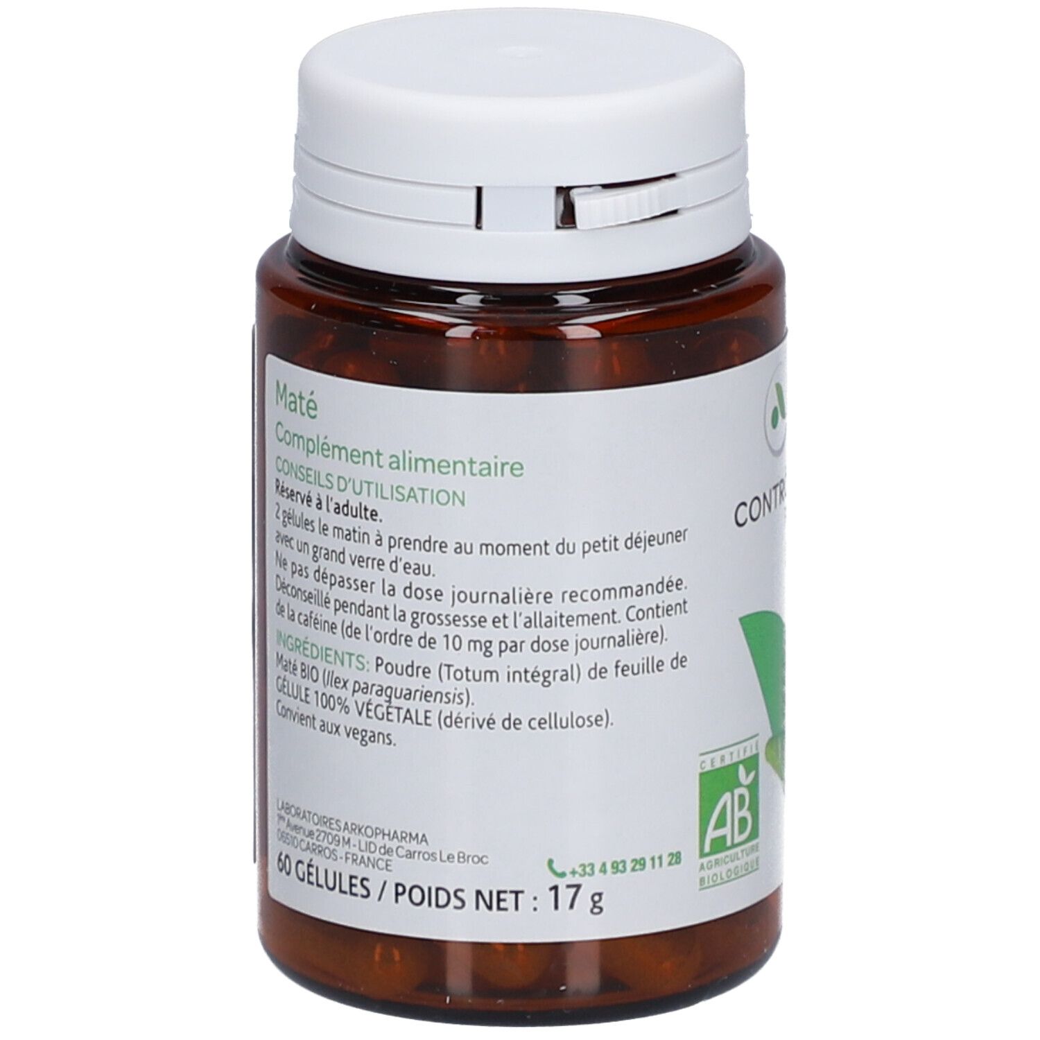 Rückansicht der Flasche. Etikett mit Produktinformationen, Inhaltsstoffen und Anwendungshinweisen. 60 Kapseln.